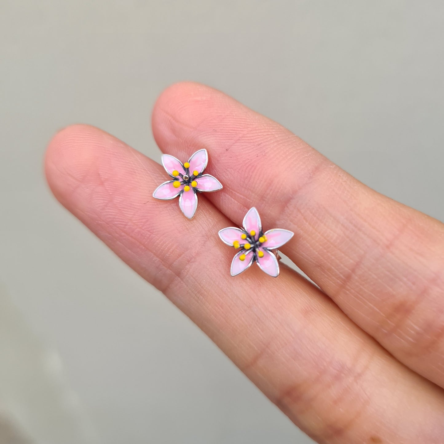 sterling silver Sakura Japanese Cherry Blossom Pink Enamel Flower Stud Earrings