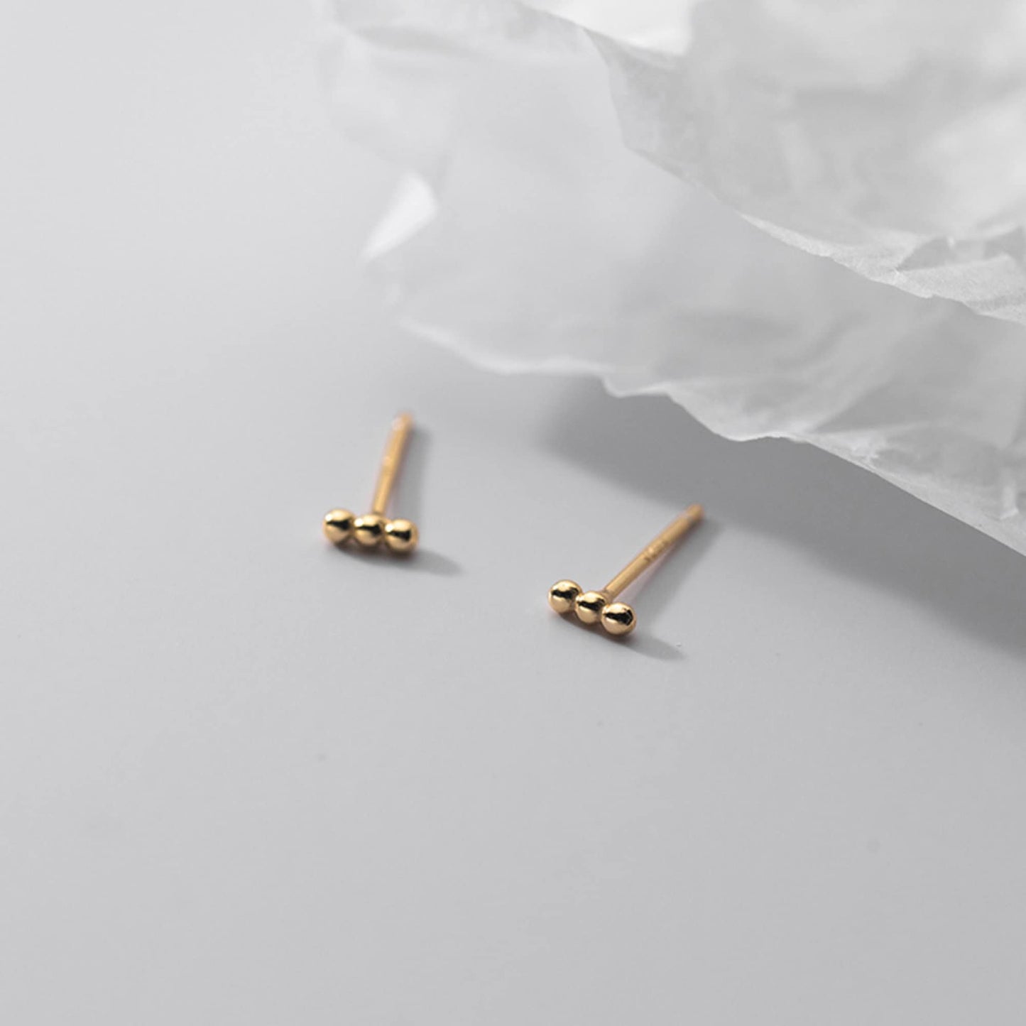 Dainty Tiny Small 18k Sterling Silver Trilogy Bubbly Triple Dots Rectangle Block Small Studs Earrings Sleep in Clover Studs