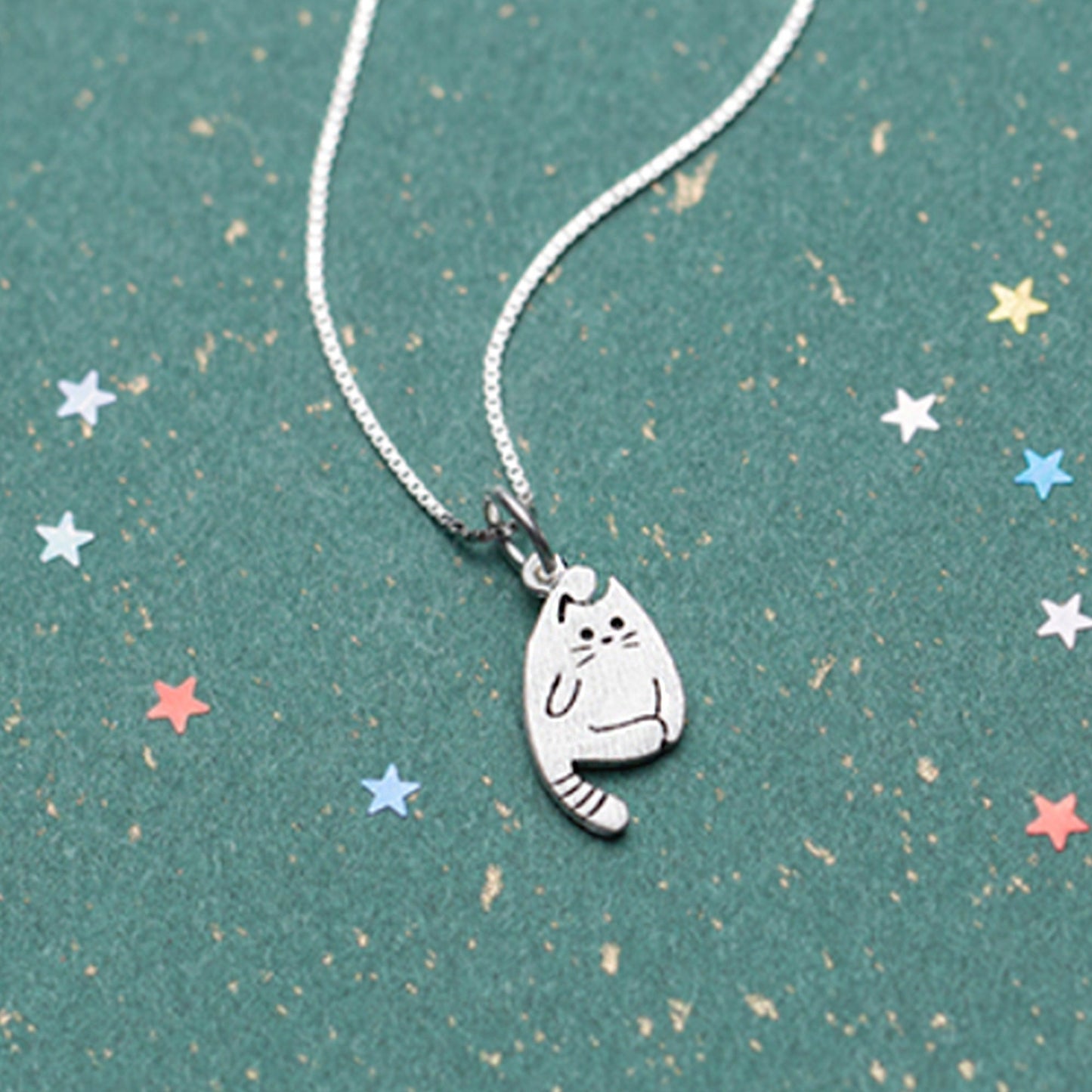 Sterling silver Bendy Cat Kitty Necklace Pendant with Curly Tail