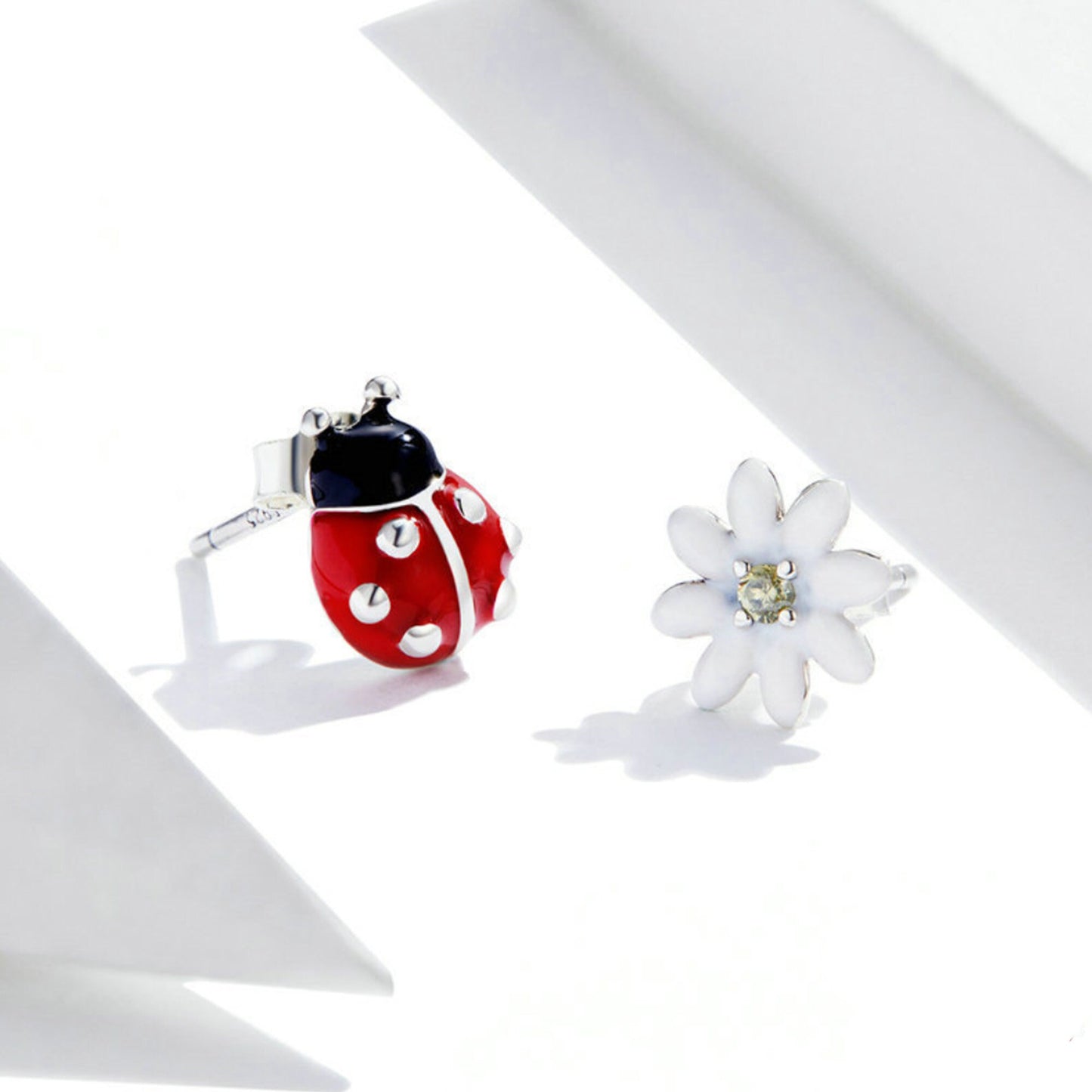 925 Sterling Silver Red Enamel Ladybird White Daisy Flower  Mix Stud Earrings beetles 12 yrs Girl Jewellery Birthday