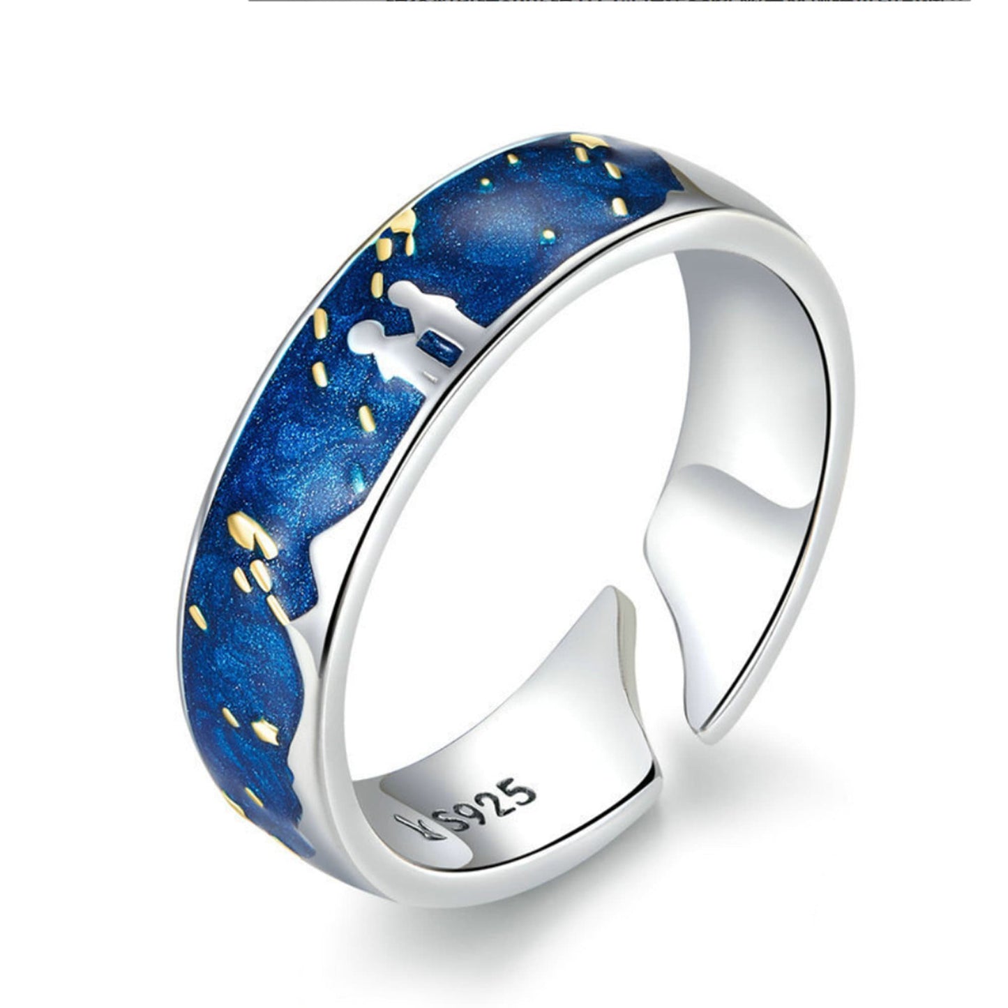 925 Sterling Silver Inky Blue Dark Night Sky Starry Night Couple Friendship Love Silver Ring Adjustable