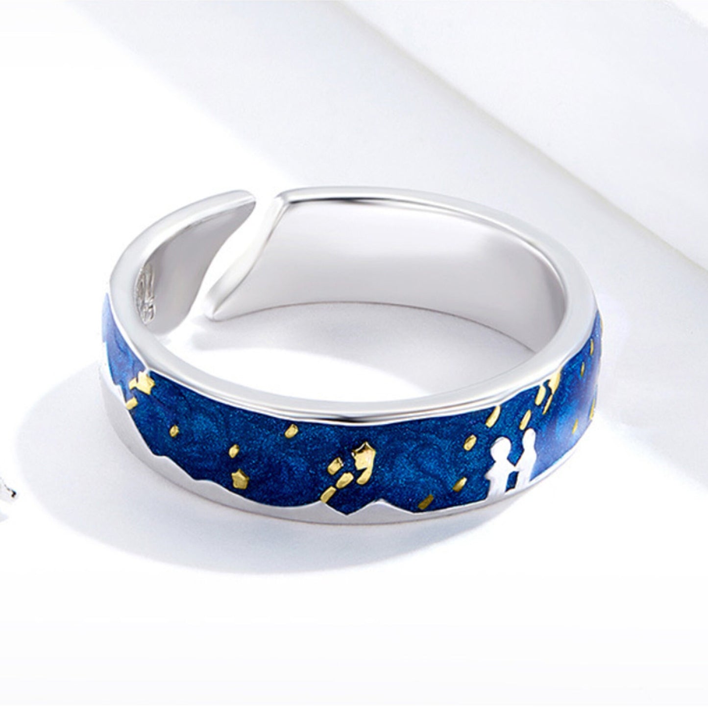 925 Sterling Silver Inky Blue Dark Night Sky Starry Night Couple Friendship Love Silver Ring Adjustable