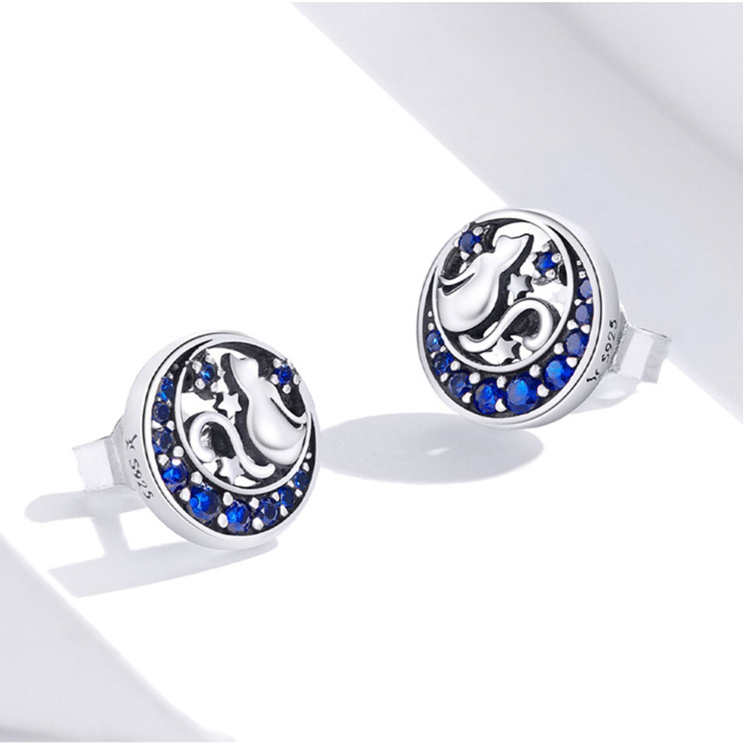 Sterling silver cat looking at the crescent moon in blue night starry sky ring band adjustable Cat Blue Moon Silver Stud Earrings