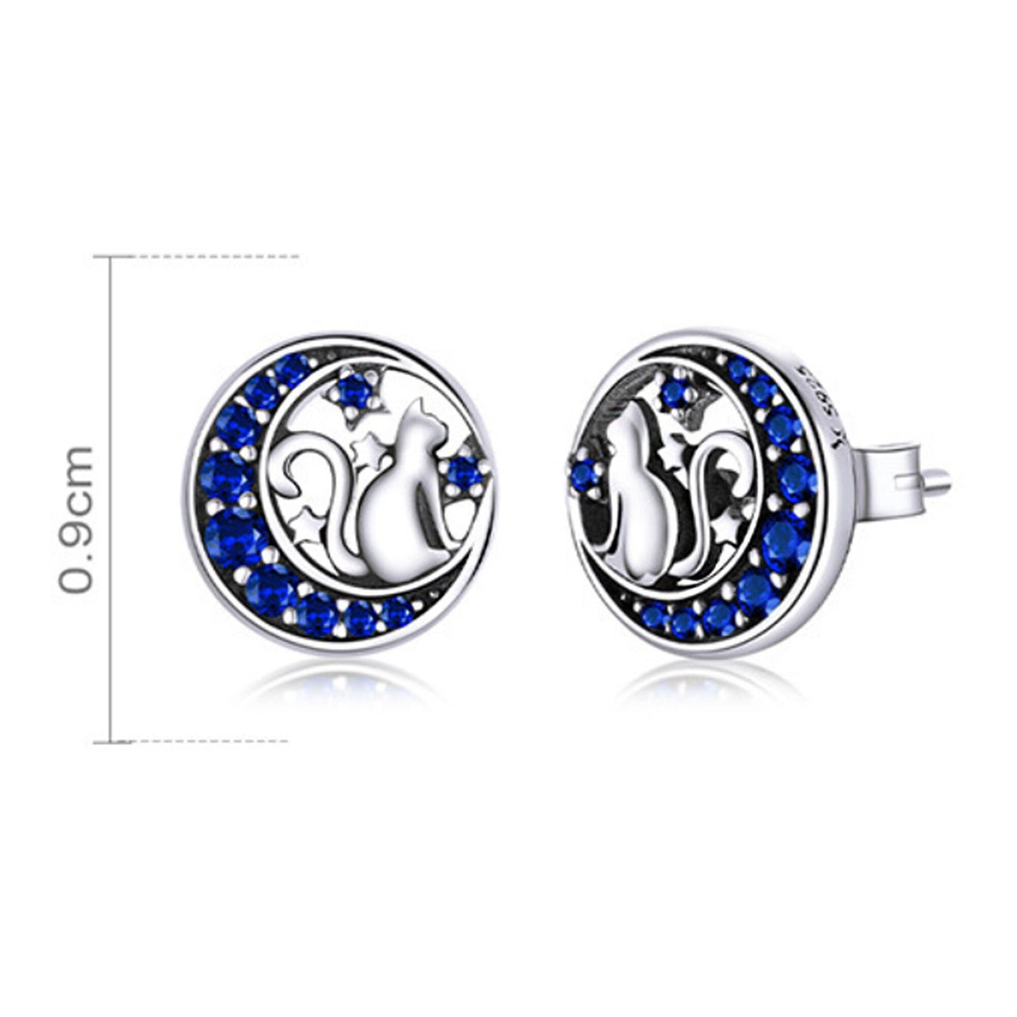 Sterling silver cat looking at the crescent moon in blue night starry sky ring band adjustable Cat Blue Moon Silver Stud Earrings