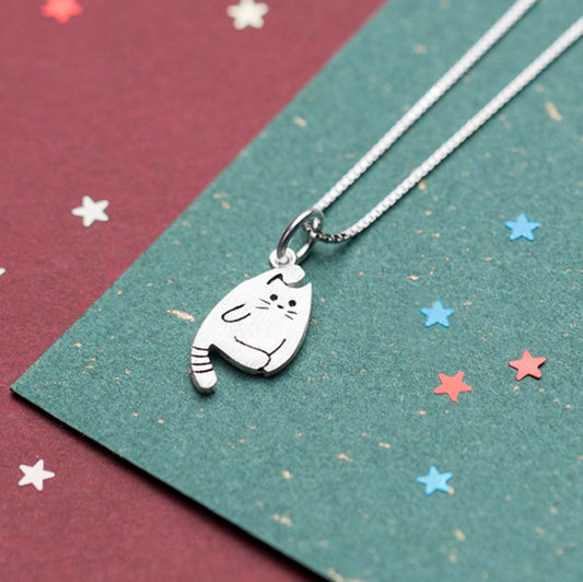 Sterling silver Bendy Cat Kitty Necklace Pendant with Curly Tail