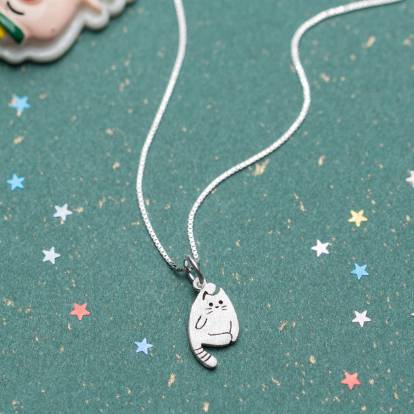 Sterling silver Bendy Cat Kitty Necklace Pendant with Curly Tail