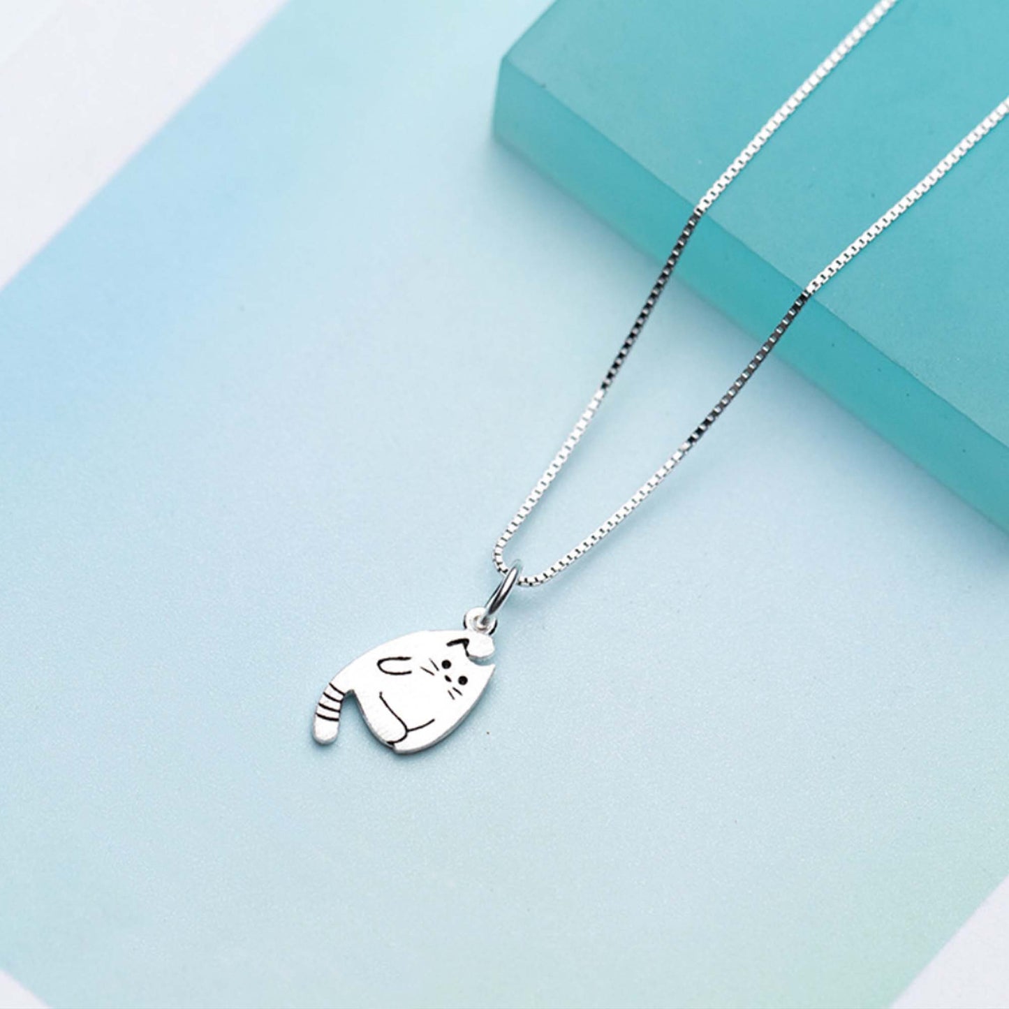 Sterling silver Bendy Cat Kitty Necklace Pendant with Curly Tail