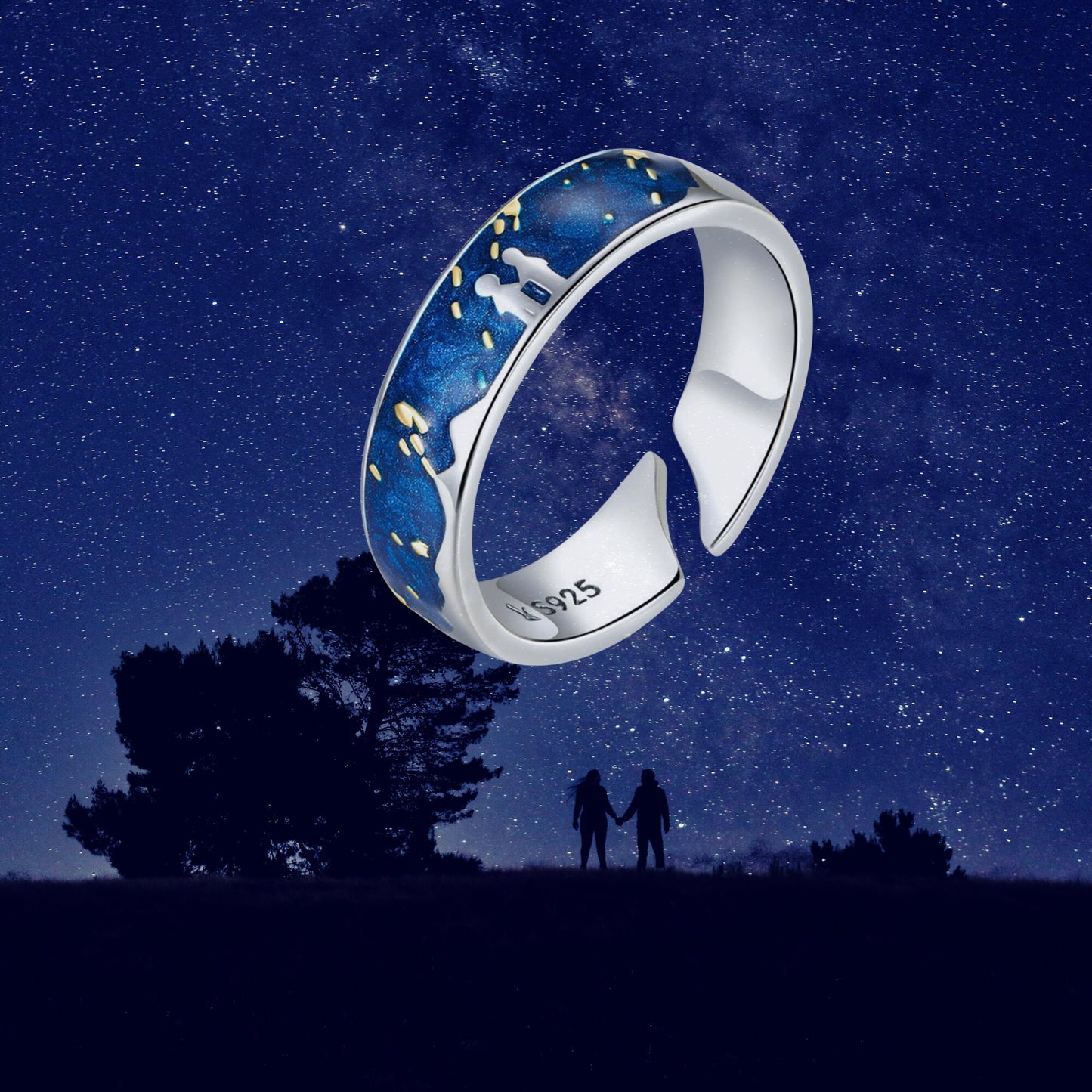 925 Sterling Silver Inky Blue Dark Night Sky Starry Night Couple Friendship Love Silver Ring Adjustable