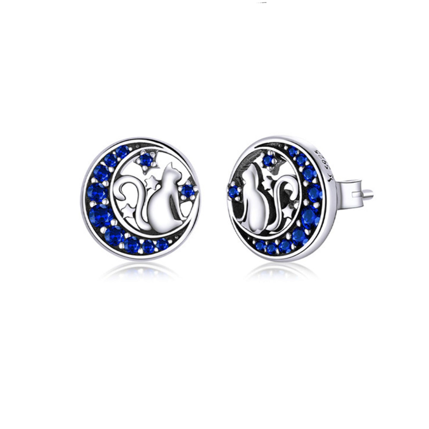 Sterling silver cat looking at the crescent moon in blue night starry sky ring band adjustable Cat Blue Moon Silver Stud Earrings