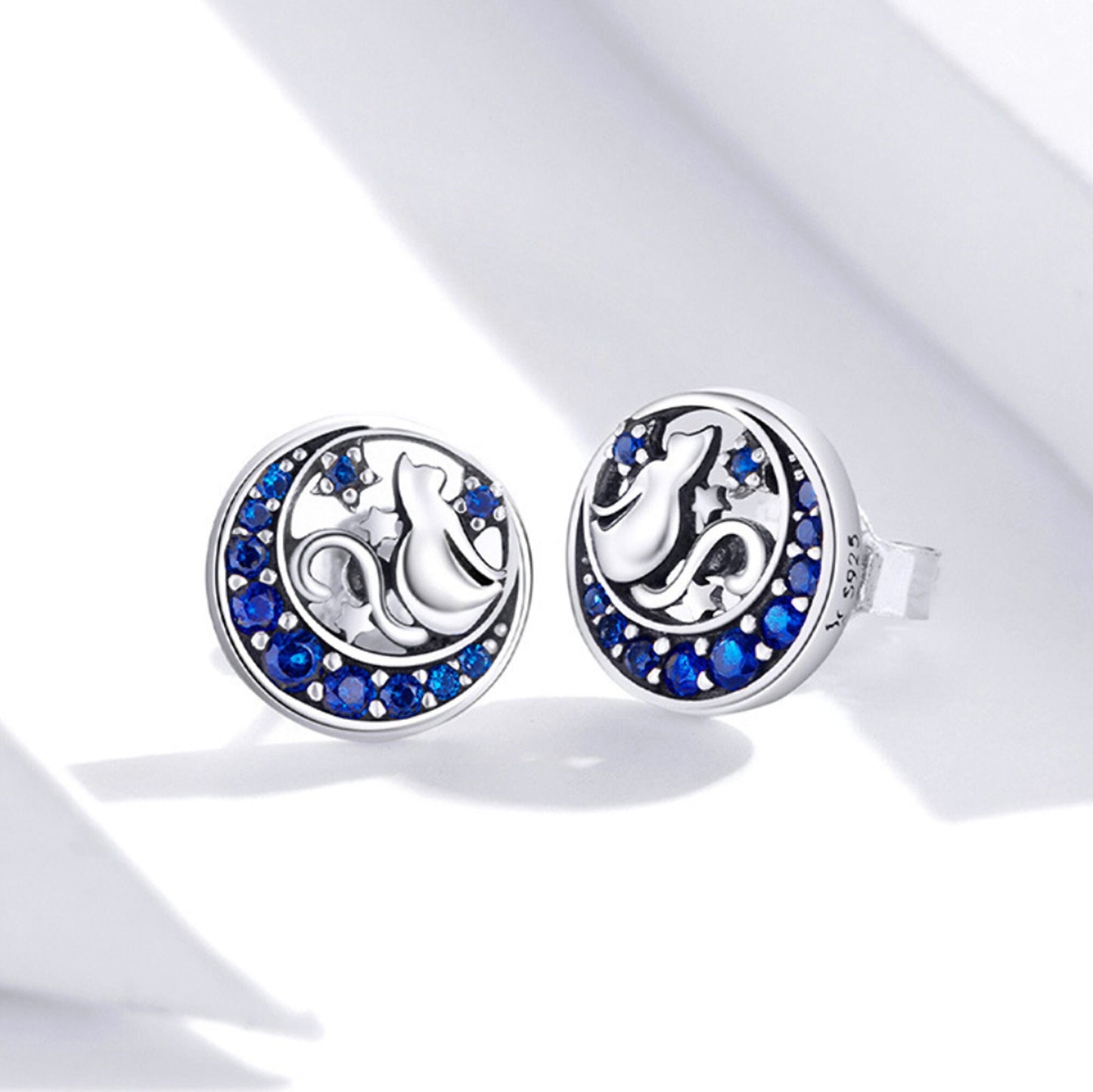 Sterling silver cat looking at the crescent moon in blue night starry sky ring band adjustable Cat Blue Moon Silver Stud Earrings