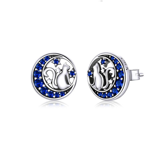 925 Sterling Silver Kitty Cat Sitting on Blue Crescent Moon Button Stud Earrings Cat Lover Jewellery