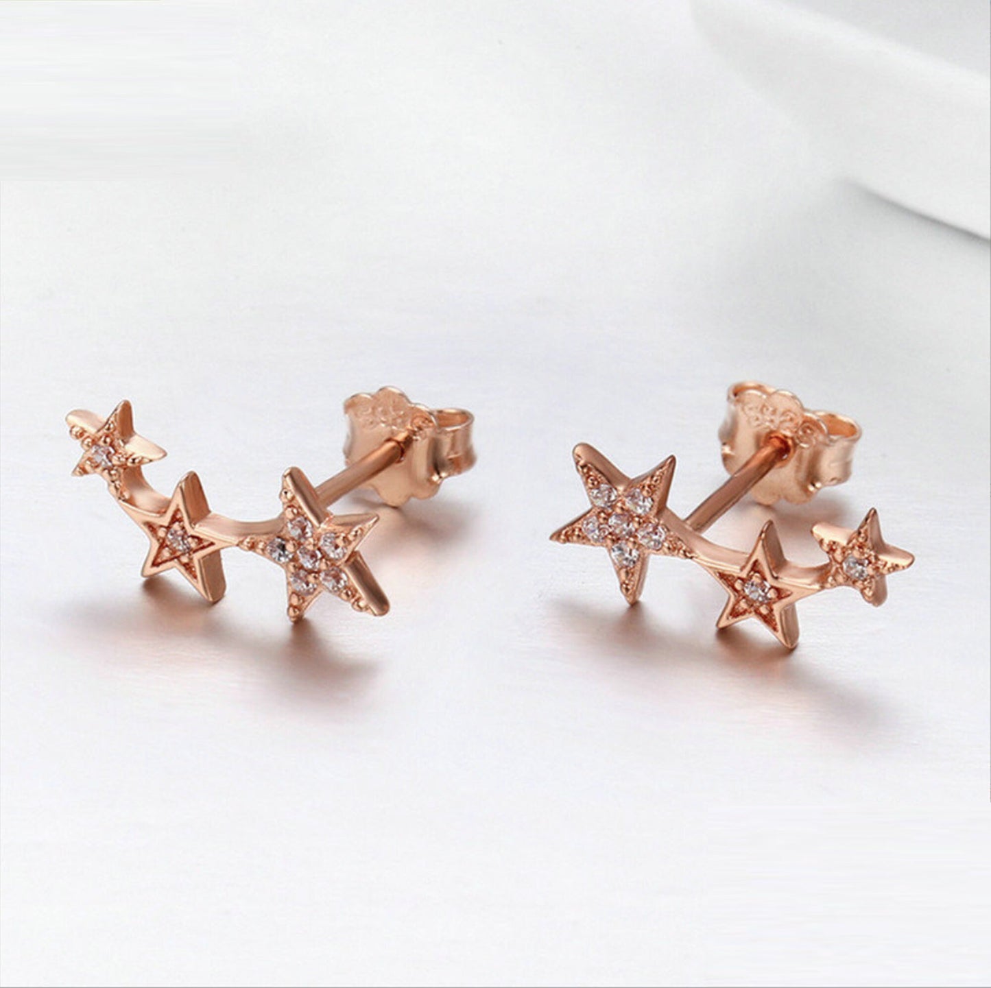 Rose gold plated 925 sterling silver curved trio wish lucky stars stud earrings celestial 12 yrs 13 yrs Girl Birthday Jewellery