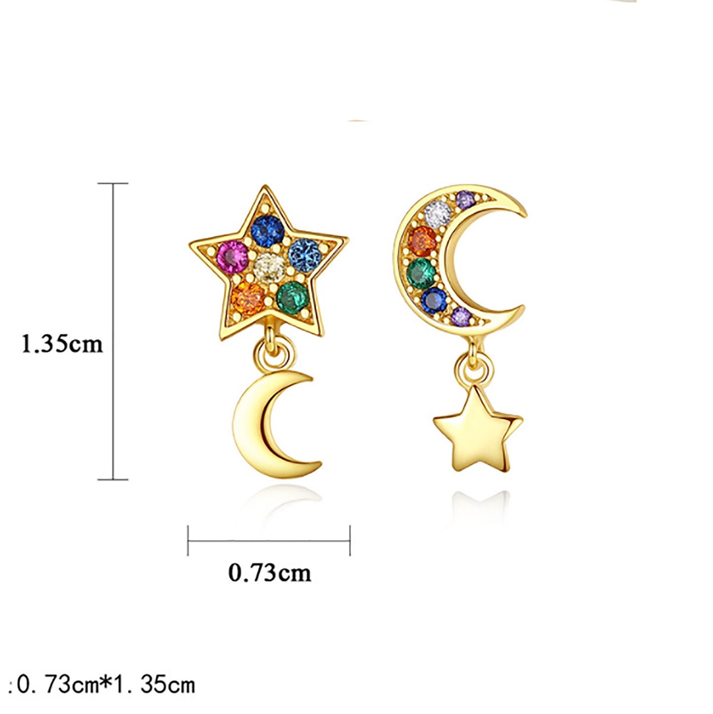 Gold Vermeil Mix Match Moon Star Drop Earrings with Rainbow  Multiple Colours Celestial  Sterling Silver