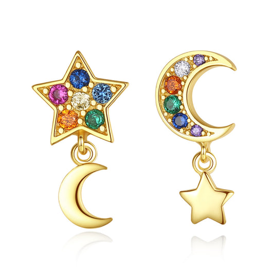 Gold Vermeil Mix Match Moon Star Drop Earrings with Rainbow  Multiple Colours Celestial  Sterling Silver