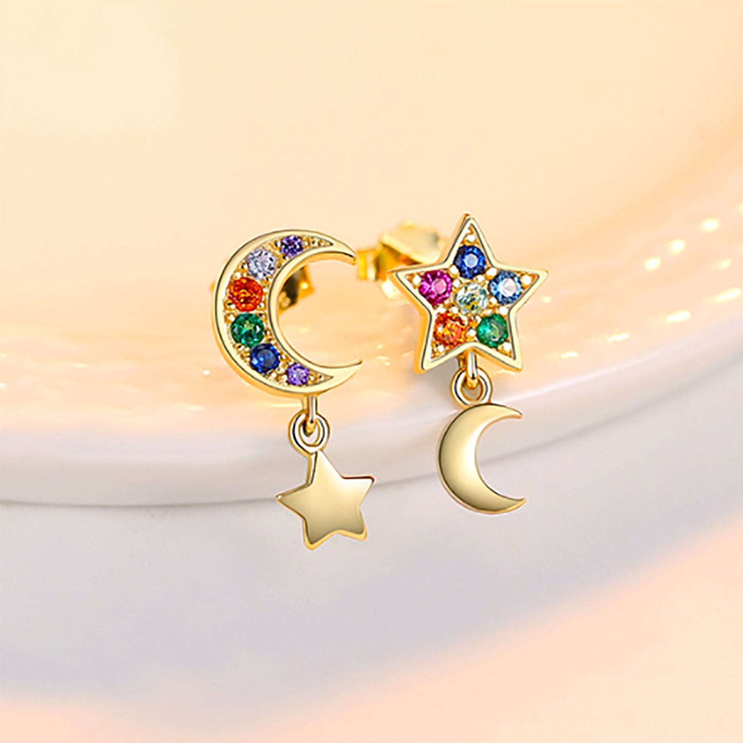 Gold Vermeil Mix Match Moon Star Drop Earrings with Rainbow  Multiple Colours Celestial  Sterling Silver