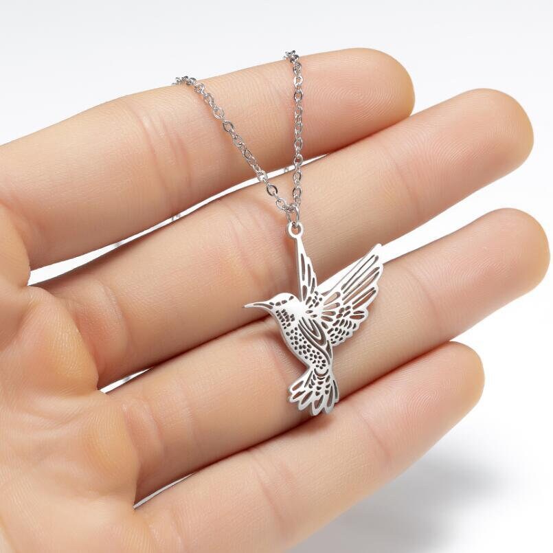 Silver Gold Plated Hummingbird Laser Cut Necklace Geometric Bird Pendant with Intricate Details