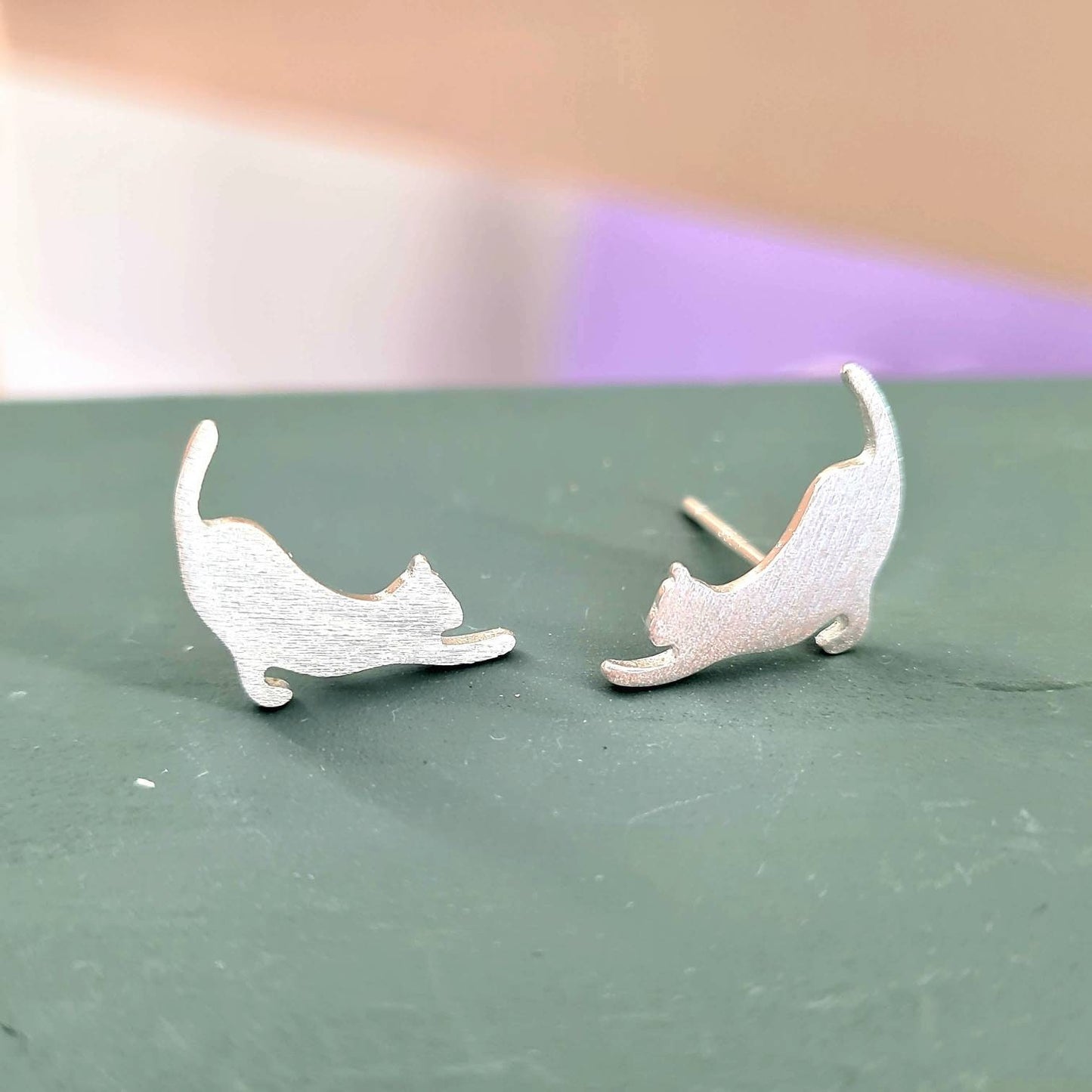 Sterling Silver Stretching Fighting Cat Kitty Stud Earrings Cat Lover Gift