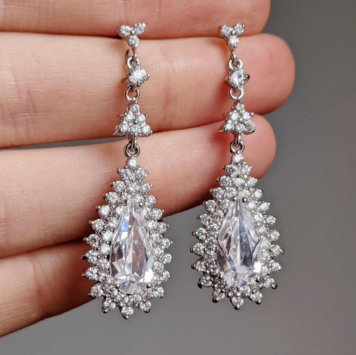 Classic Shirred Rhinestone Crystal Vintage Inspired Art Deco Long Teardrop Bridal Drop Earrings