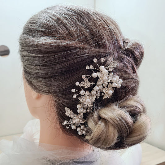 Pearl Flower Leafy Whimsical Diamante Bridal Wedding Hair Side Comb