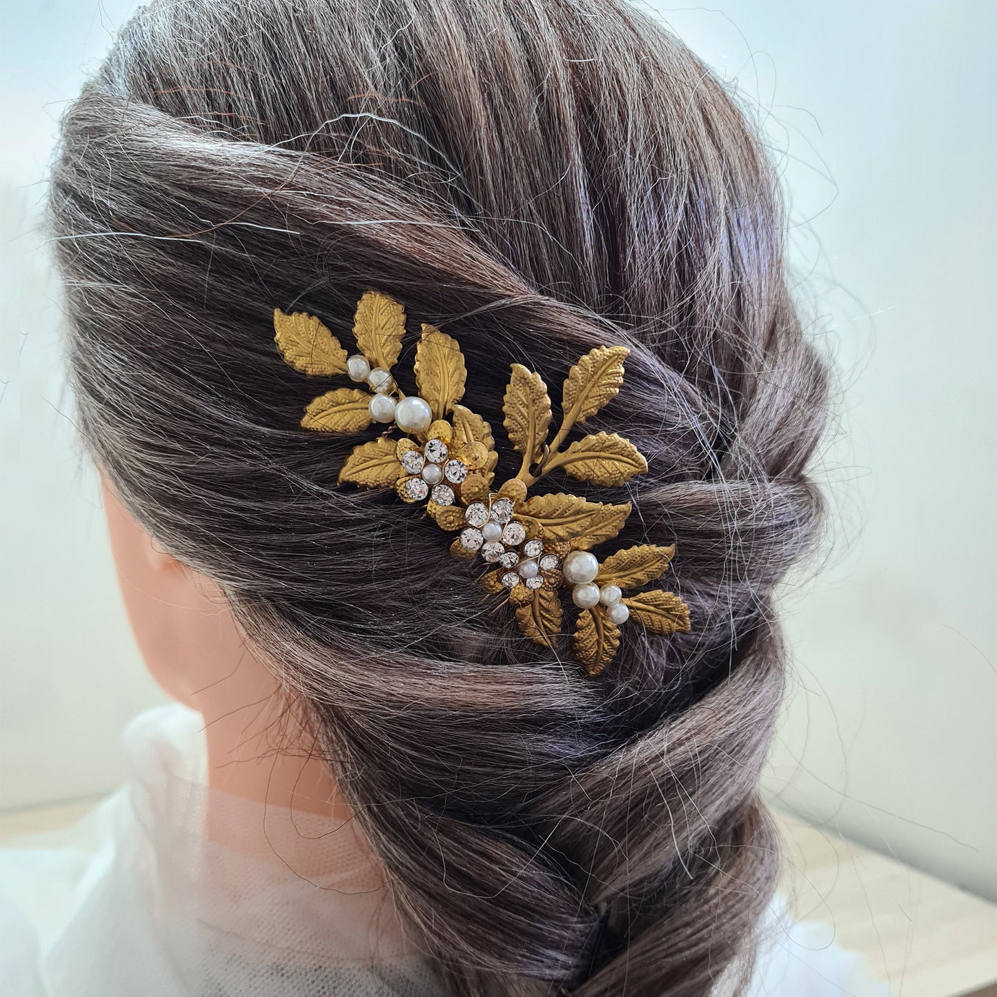 Gold Plated Leafy Pearl Bridal Wedding Hair Comb Bridesmaid