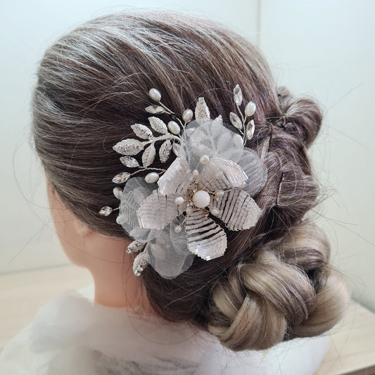 Ivory Chiffon Flower with Beads Bridal Wedding Hair Comb Bridesmaid