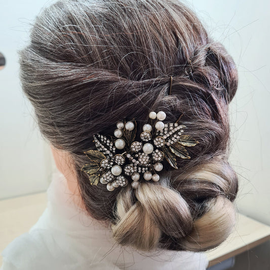 Bronze Gold Vintage Antique Due Flower Leafy Wedding Bridal Wedding Side Hair Comb Bridesmaid