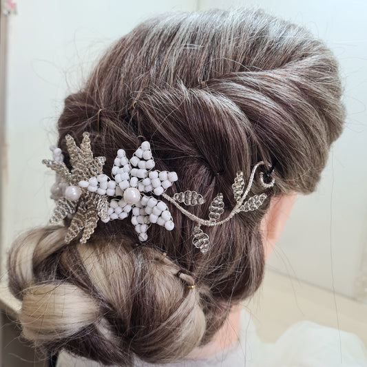 Large Ivory Beaded Flower Leafy Wedding Bridal Wedding Hair Comb Bridesmaid