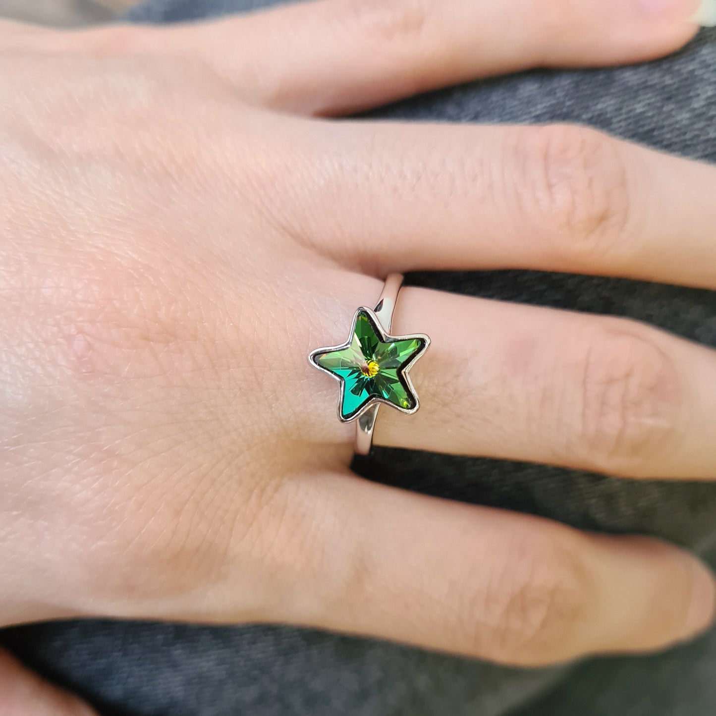 AB Moonlight Green Iridescent Small Wish Star Crystal Cocktail Ring