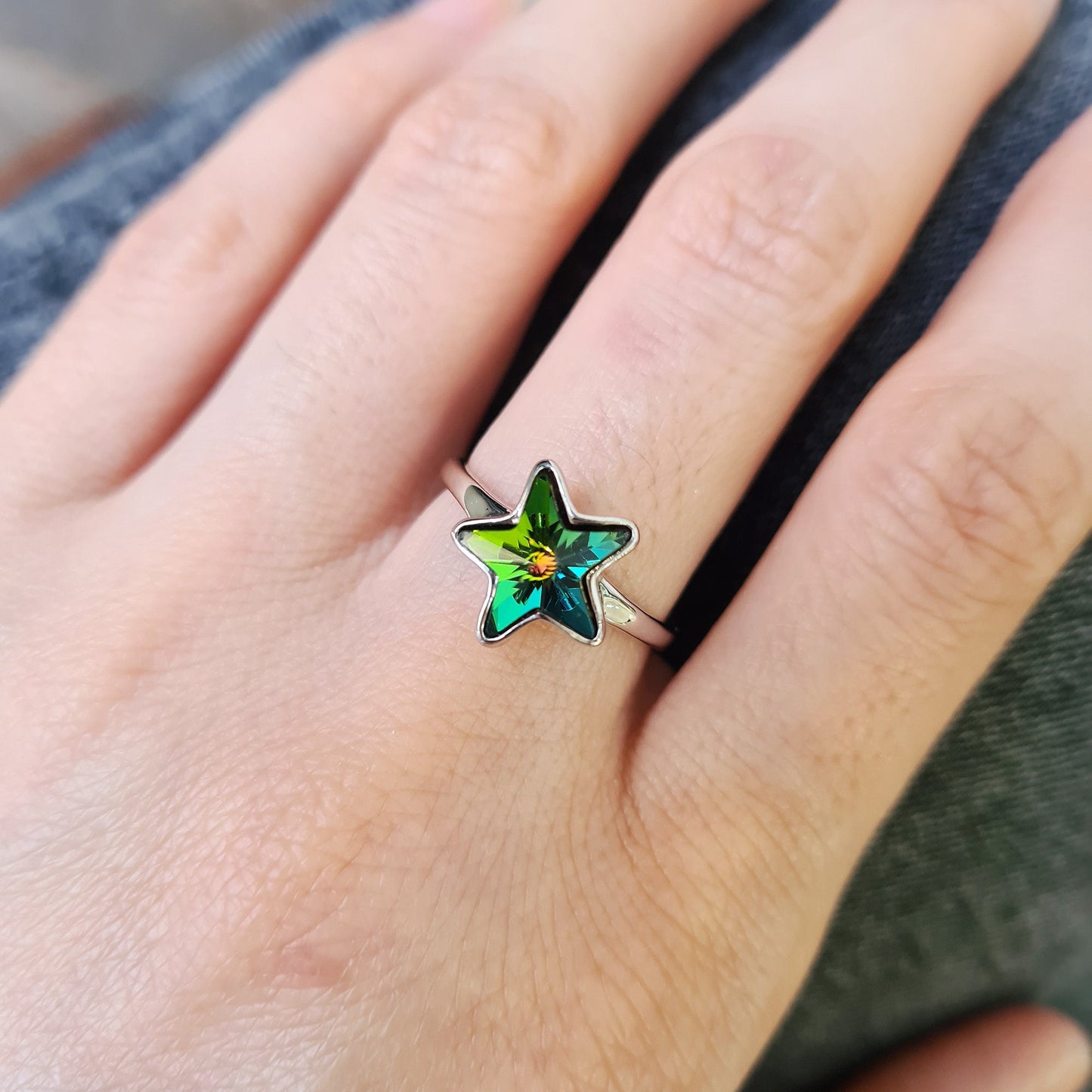 AB Moonlight Green Iridescent Small Wish Star Crystal Cocktail Ring