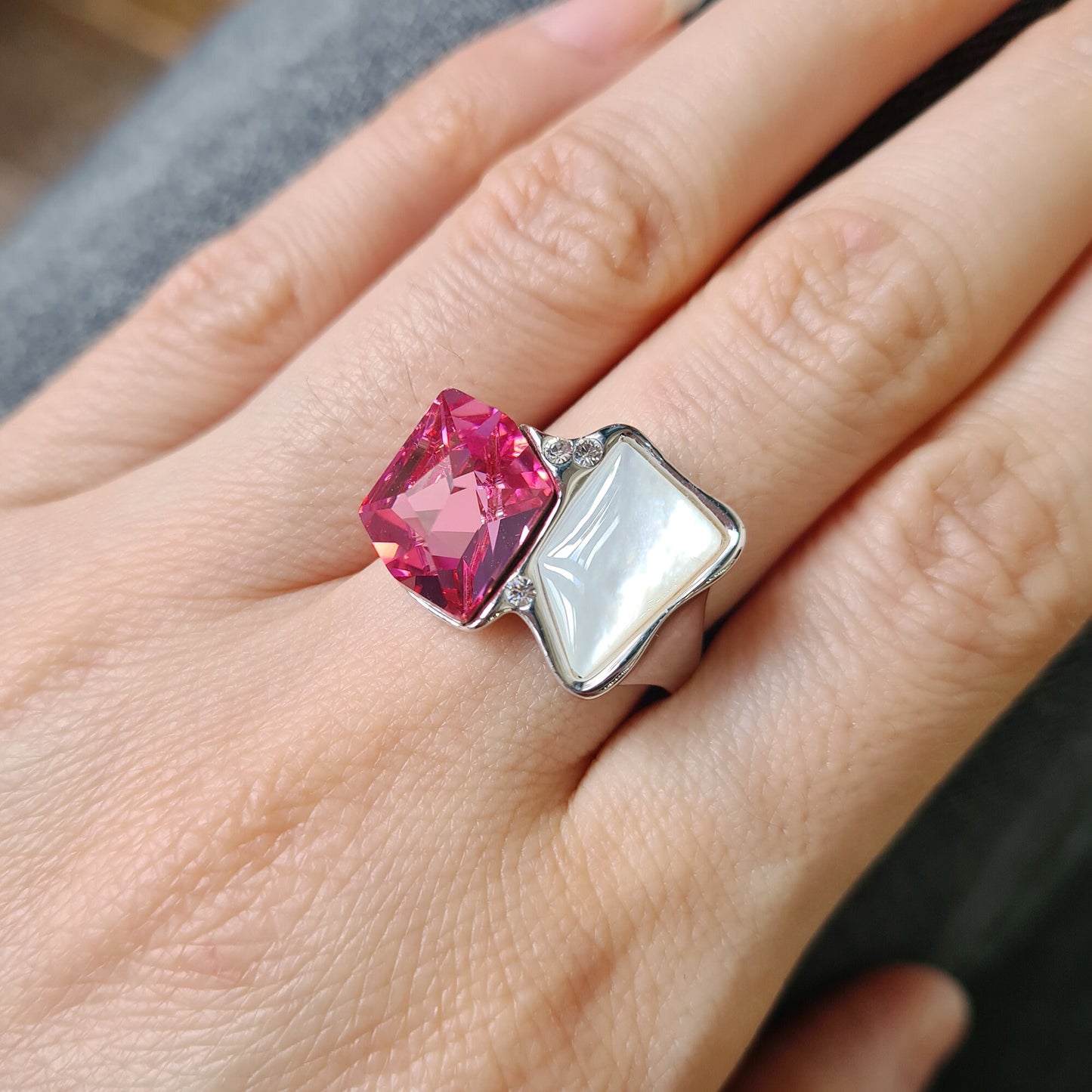 Striking Dark Fuchsia Pink Geometric Mother Shell Pearl  Crystal Cocktail Ring Fluid