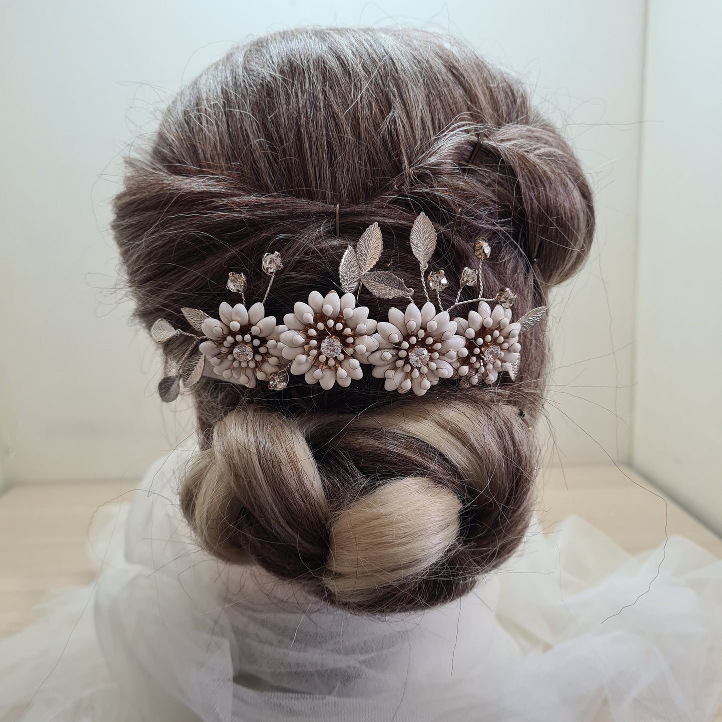 Enamel Daisy Flowers Silver Leaves Bridal Wedding Side Hair Comb Hair Clip Bridesmaid