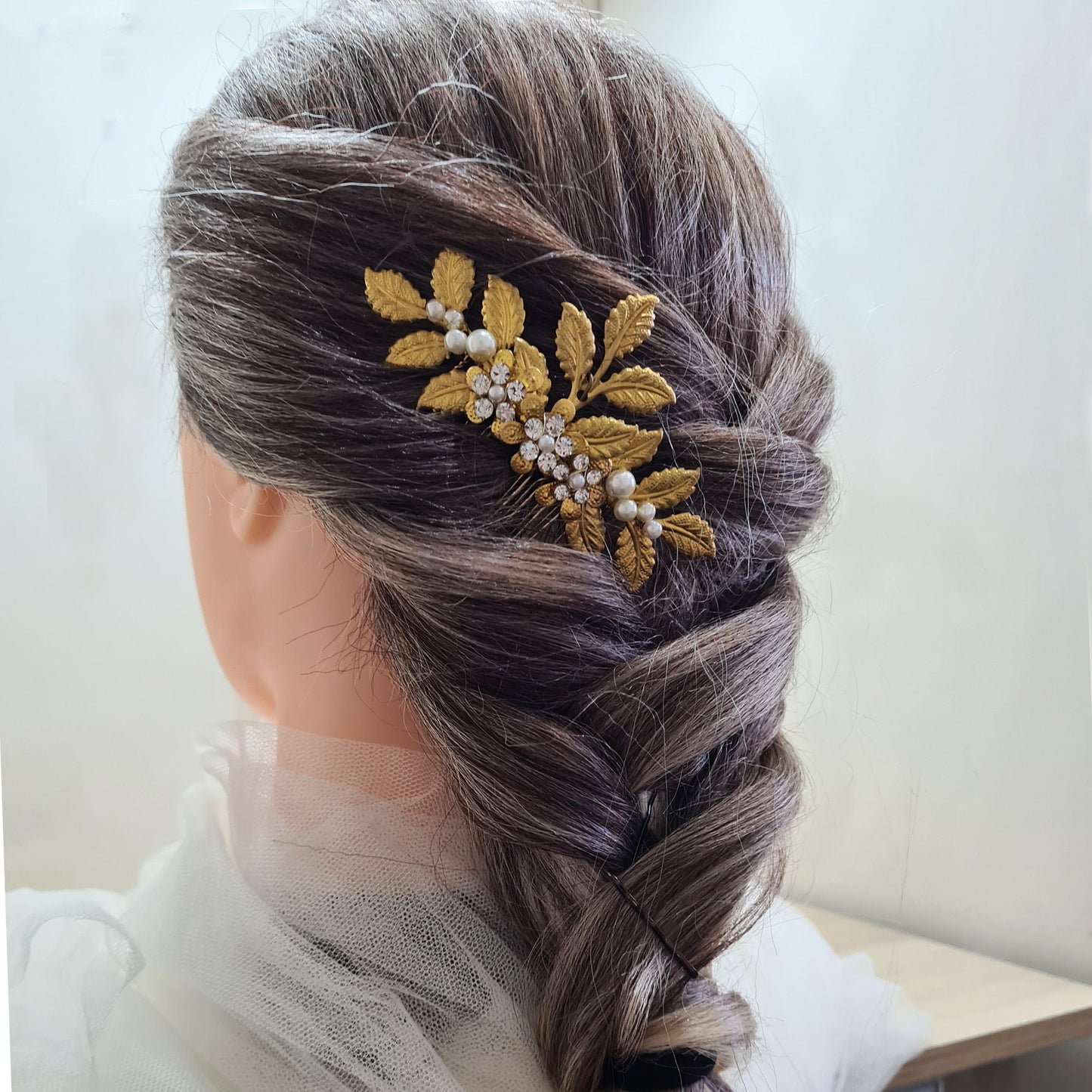 Gold Plated Leafy Pearl Bridal Wedding Hair Comb Bridesmaid