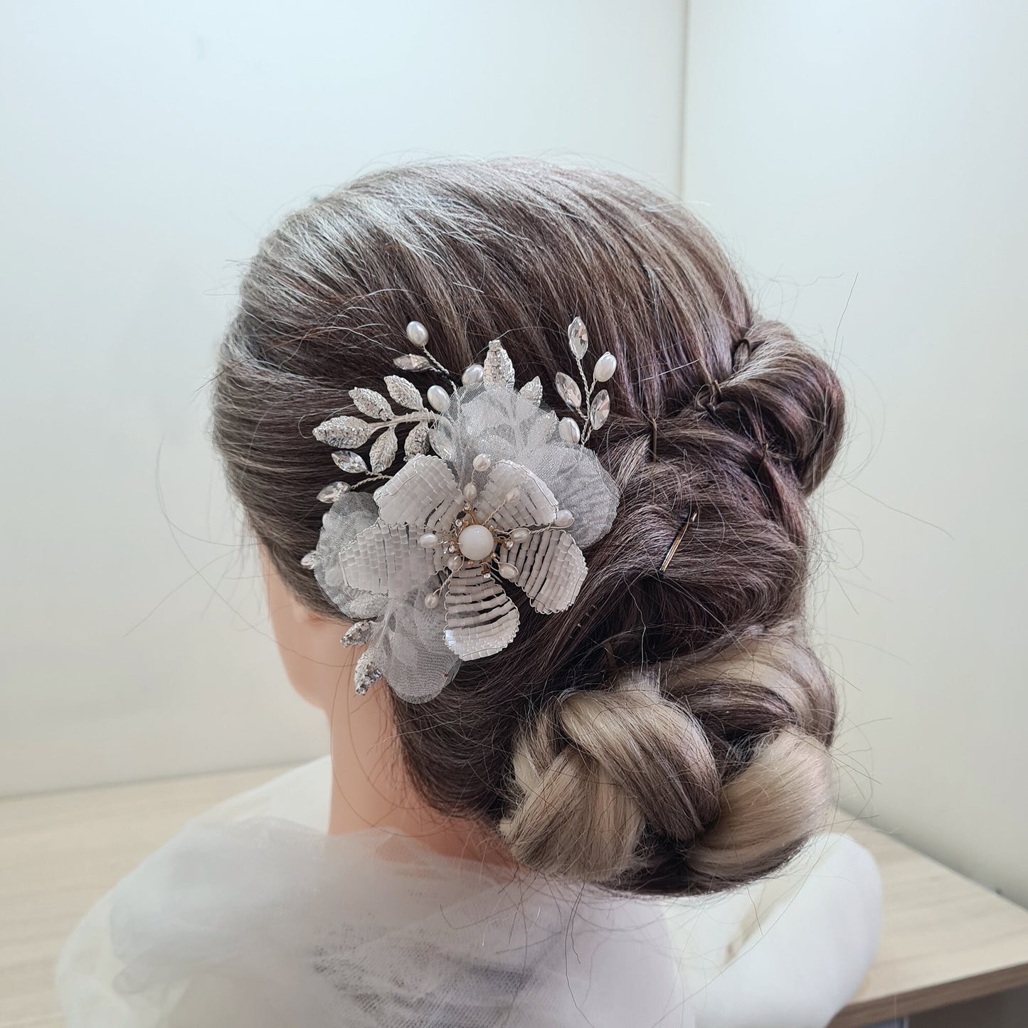 Ivory Chiffon Flower with Beads Bridal Wedding Hair Comb Bridesmaid