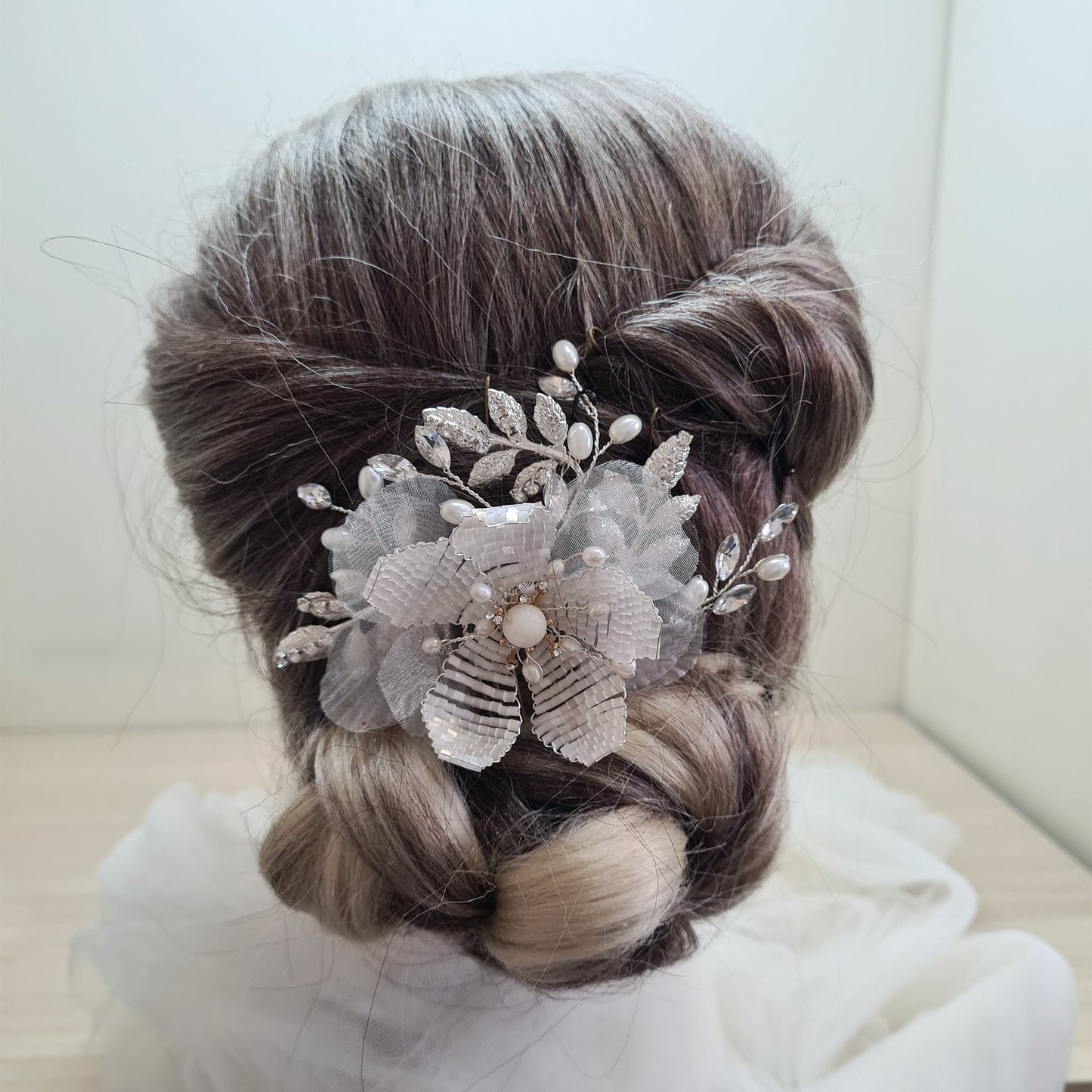 Ivory Chiffon Flower with Beads Bridal Wedding Hair Comb Bridesmaid