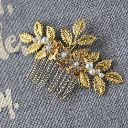 Gold Plated Leafy Pearl Bridal Wedding Hair Comb Bridesmaid