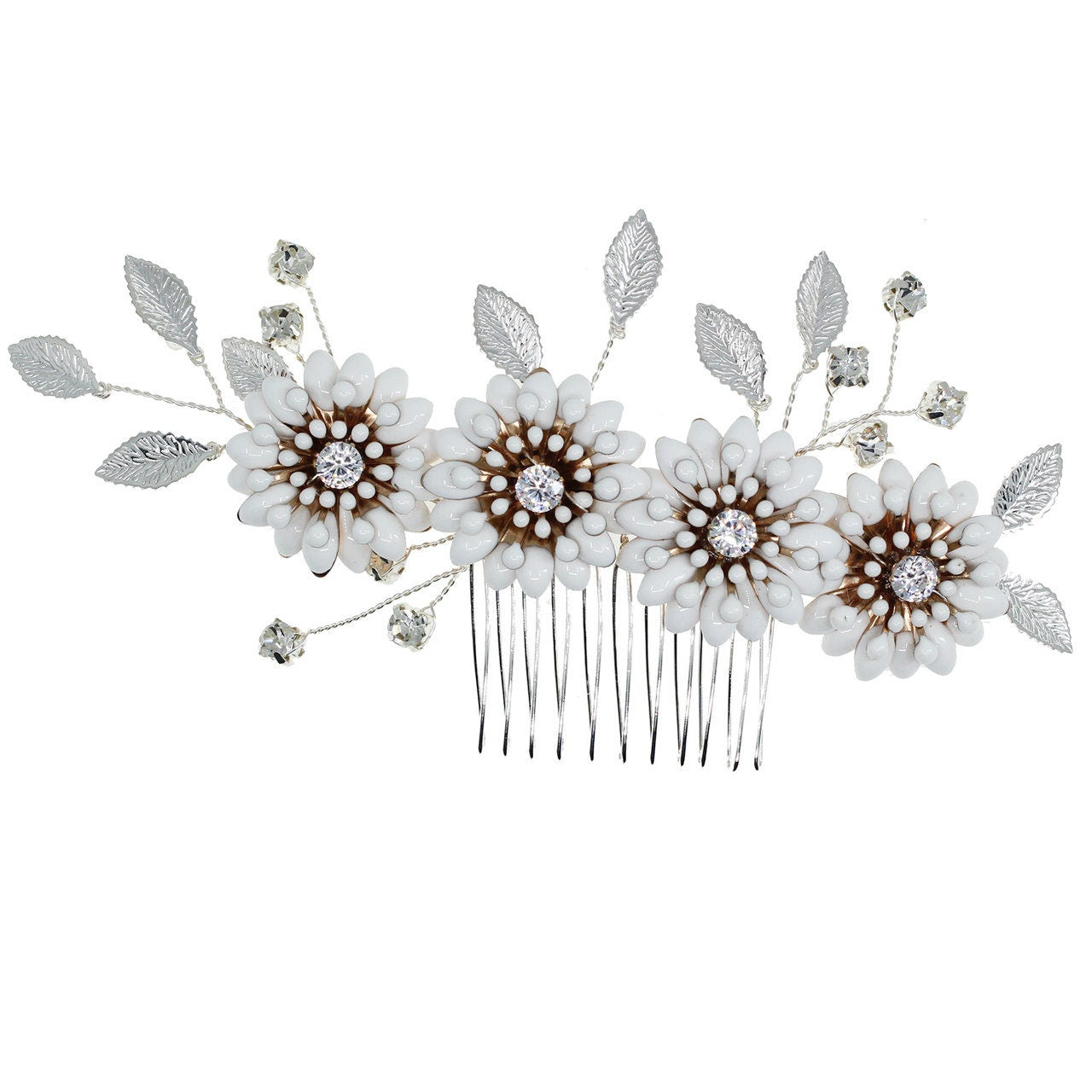 Enamel Daisy Flowers Silver Leaves Bridal Wedding Side Hair Comb Hair Clip Bridesmaid