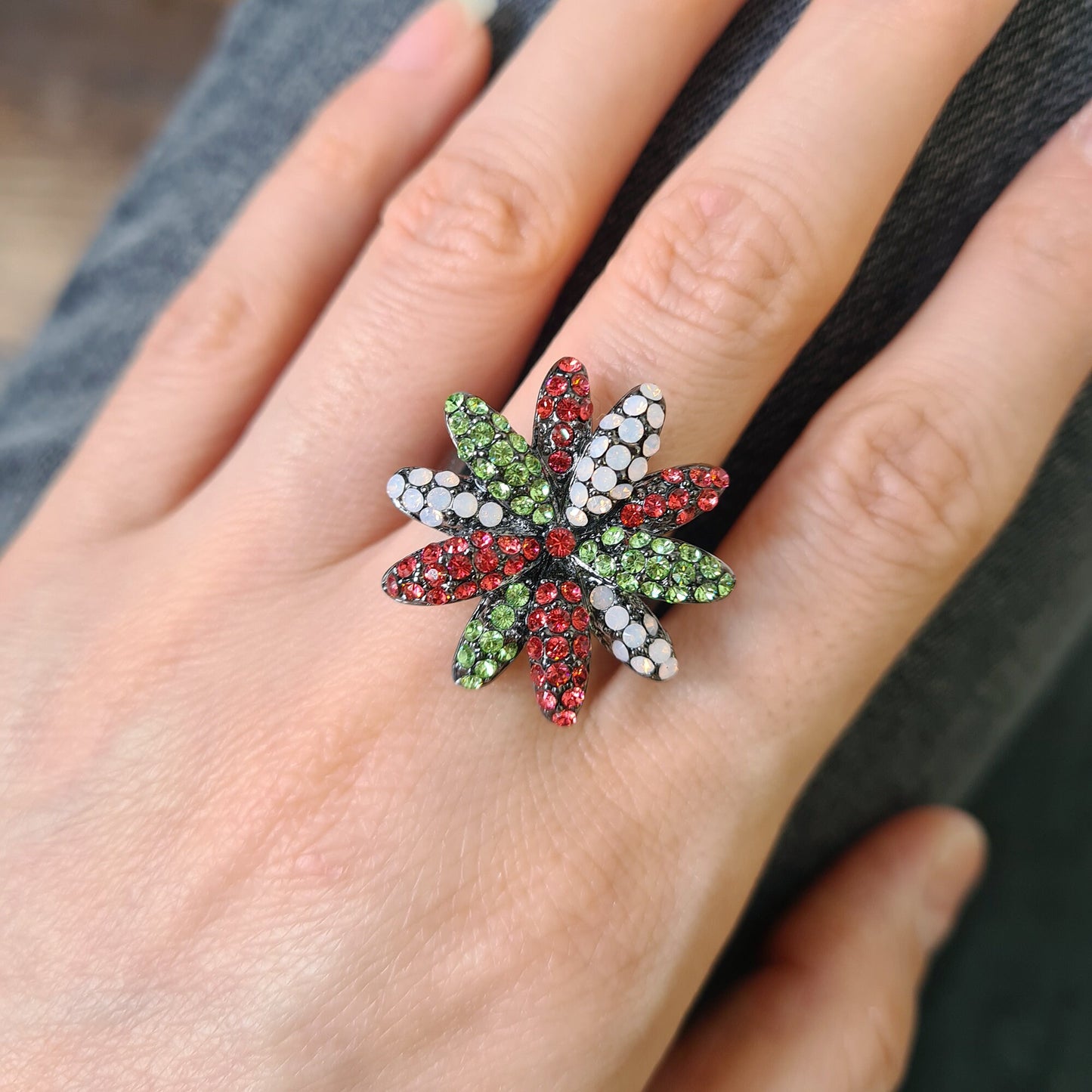 Oxidised Black Large Daisy Flower Green Red Milky Opal Crystal Cocktail Ring