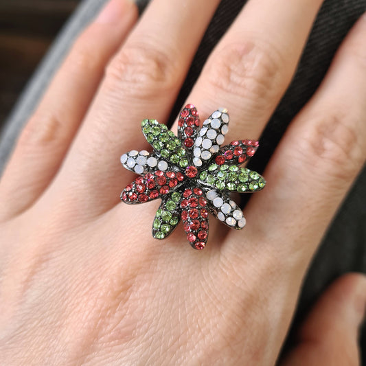 Oxidised Black Large Daisy Flower Green Red Milky Opal Crystal Cocktail Ring