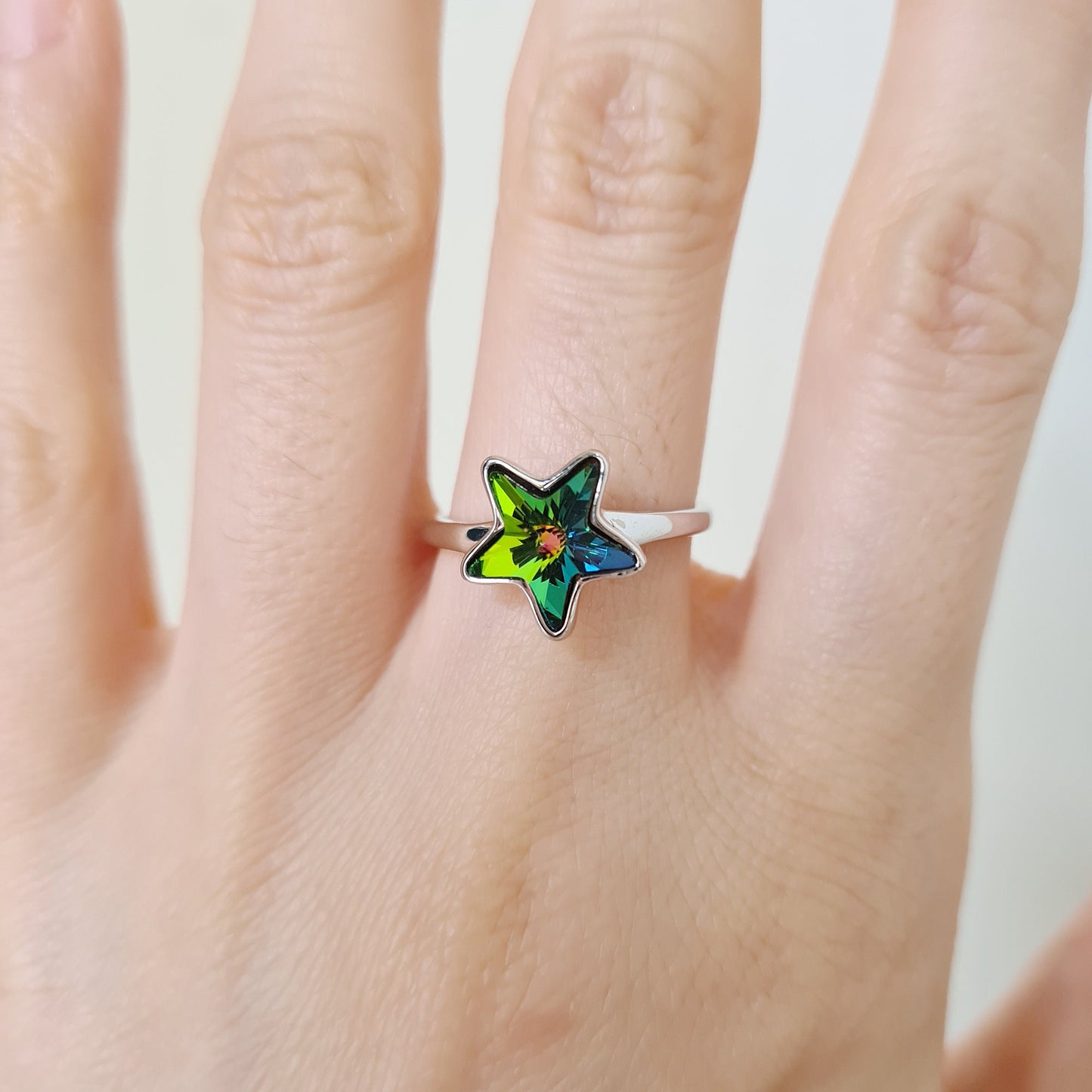 AB Moonlight Green Iridescent Small Wish Star Crystal Cocktail Ring