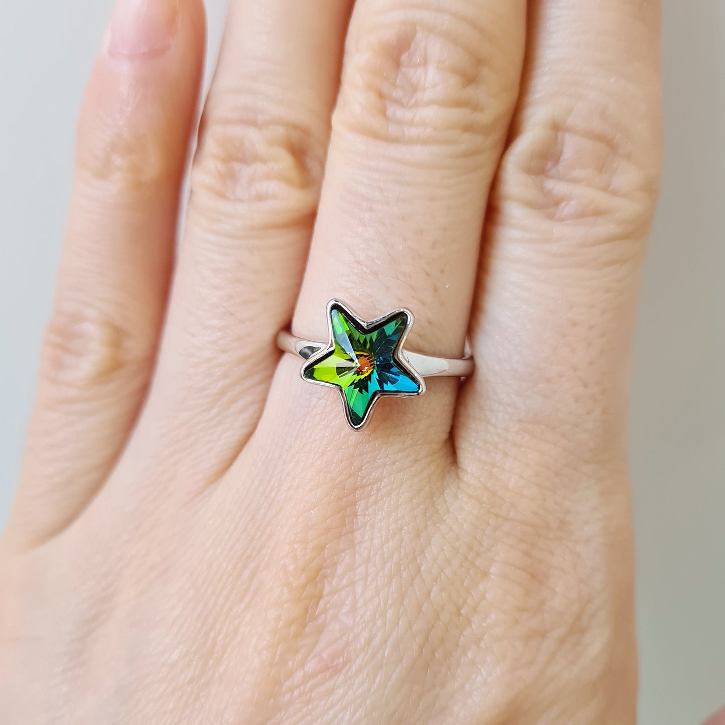 AB Moonlight Green Iridescent Small Wish Star Crystal Cocktail Ring