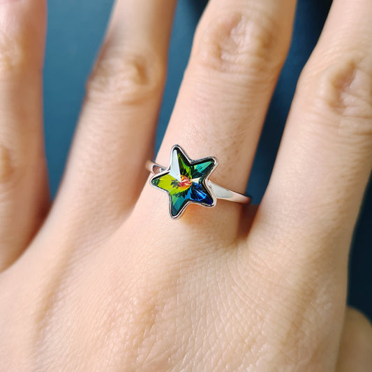 AB Moonlight Green Iridescent Small Wish Star Crystal Cocktail Ring