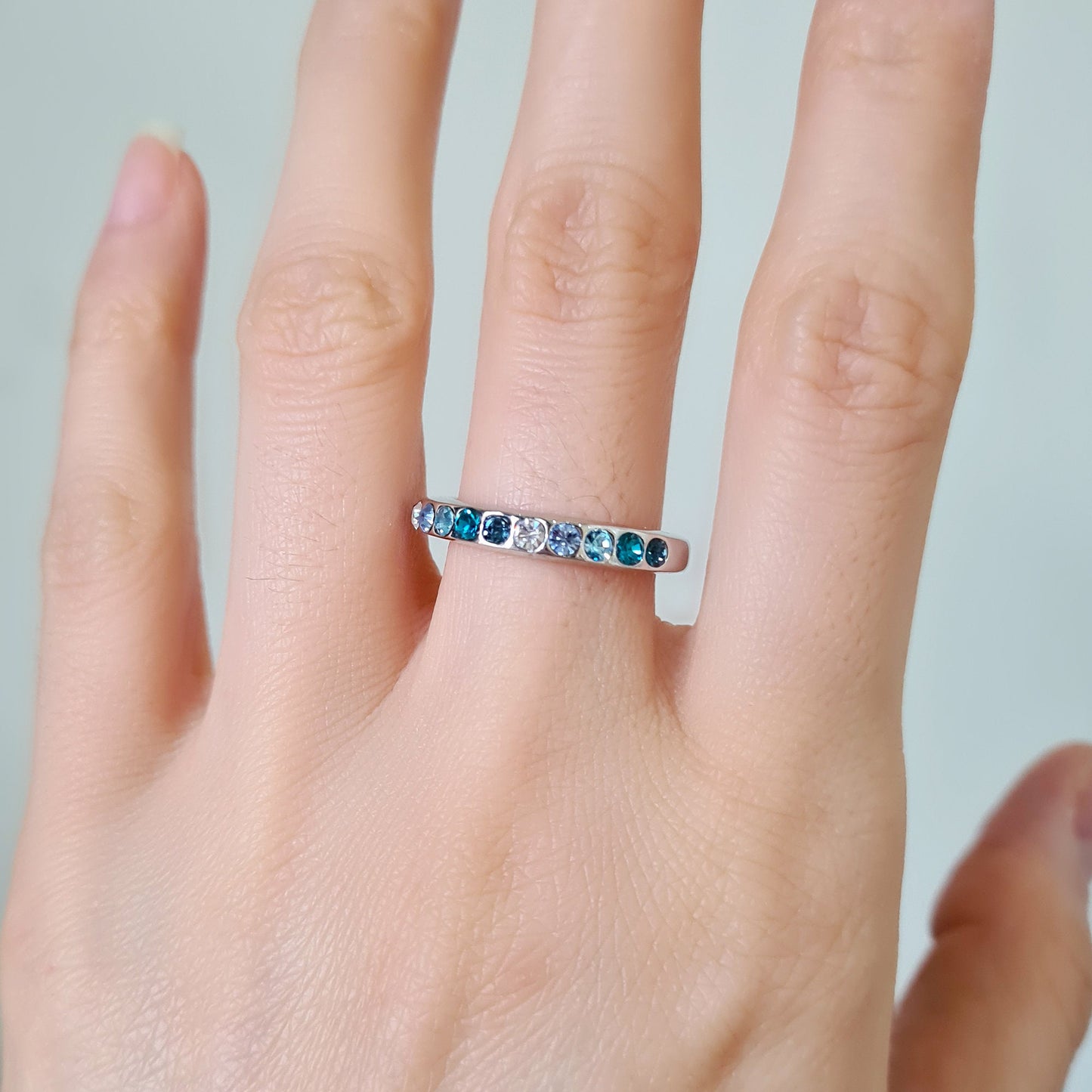 Graceful Gradient Sapphire Blue Thin Stackable Engagement Ring Band