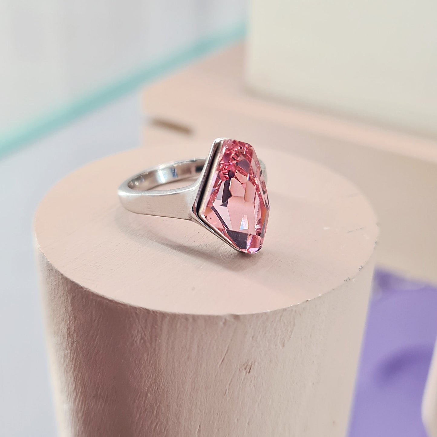 Striking Baby Pink Geometric Crystal Stackable Mini Cocktail Ring Band