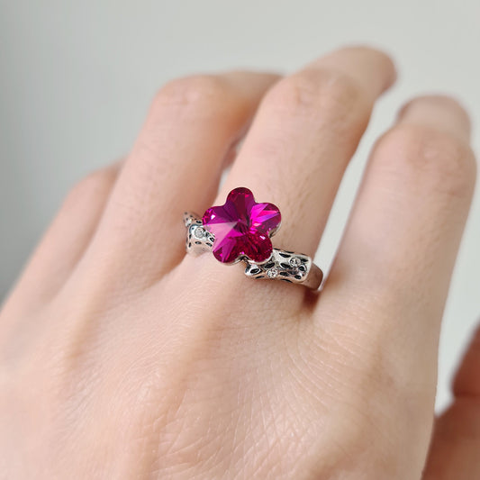 Striking Fuchsia Pink Daisy Sakura Flower Crystal Stackable Ring Branch Band