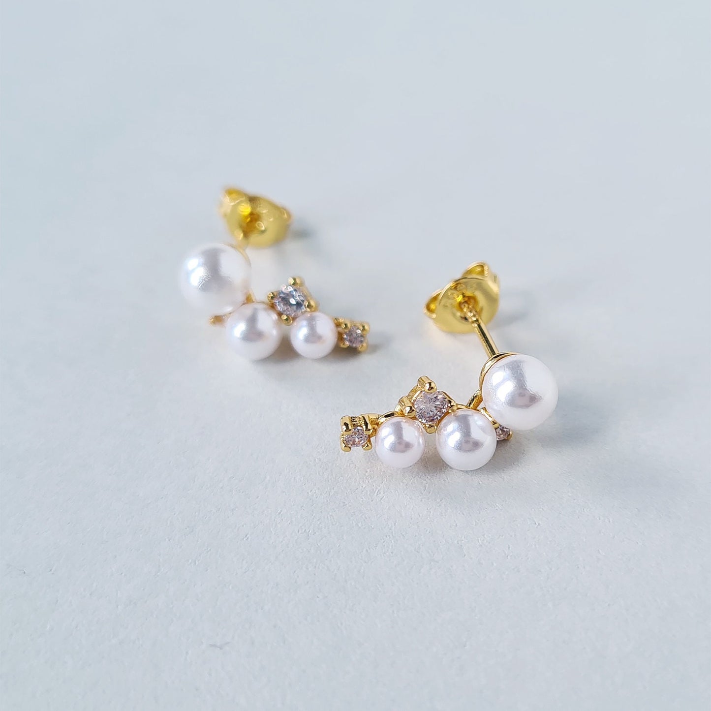Delicate Gold Plated Curved Arch Pearls and Diamante Cluster Silver Stud Earrings