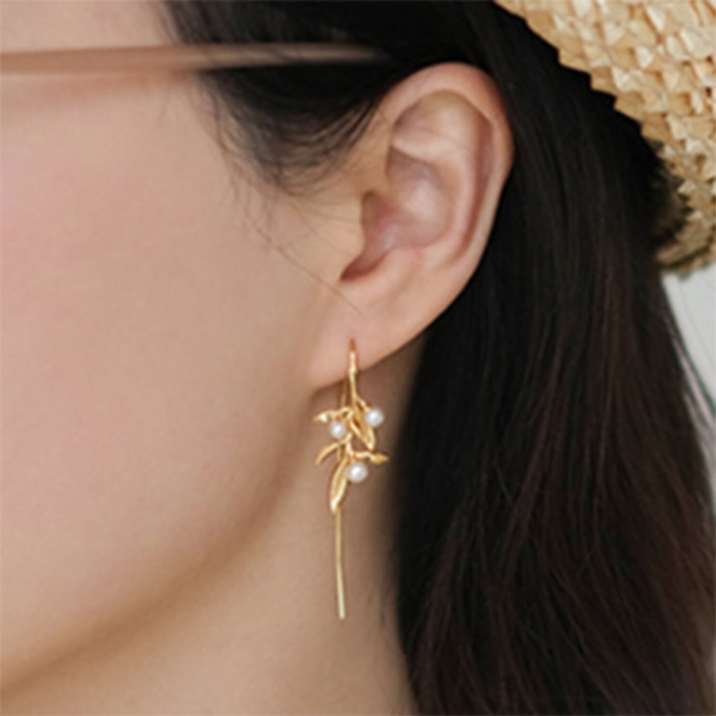 Golden Bamboo Leaves and Faux Pearl Long Stem Artistic Drop Earrings