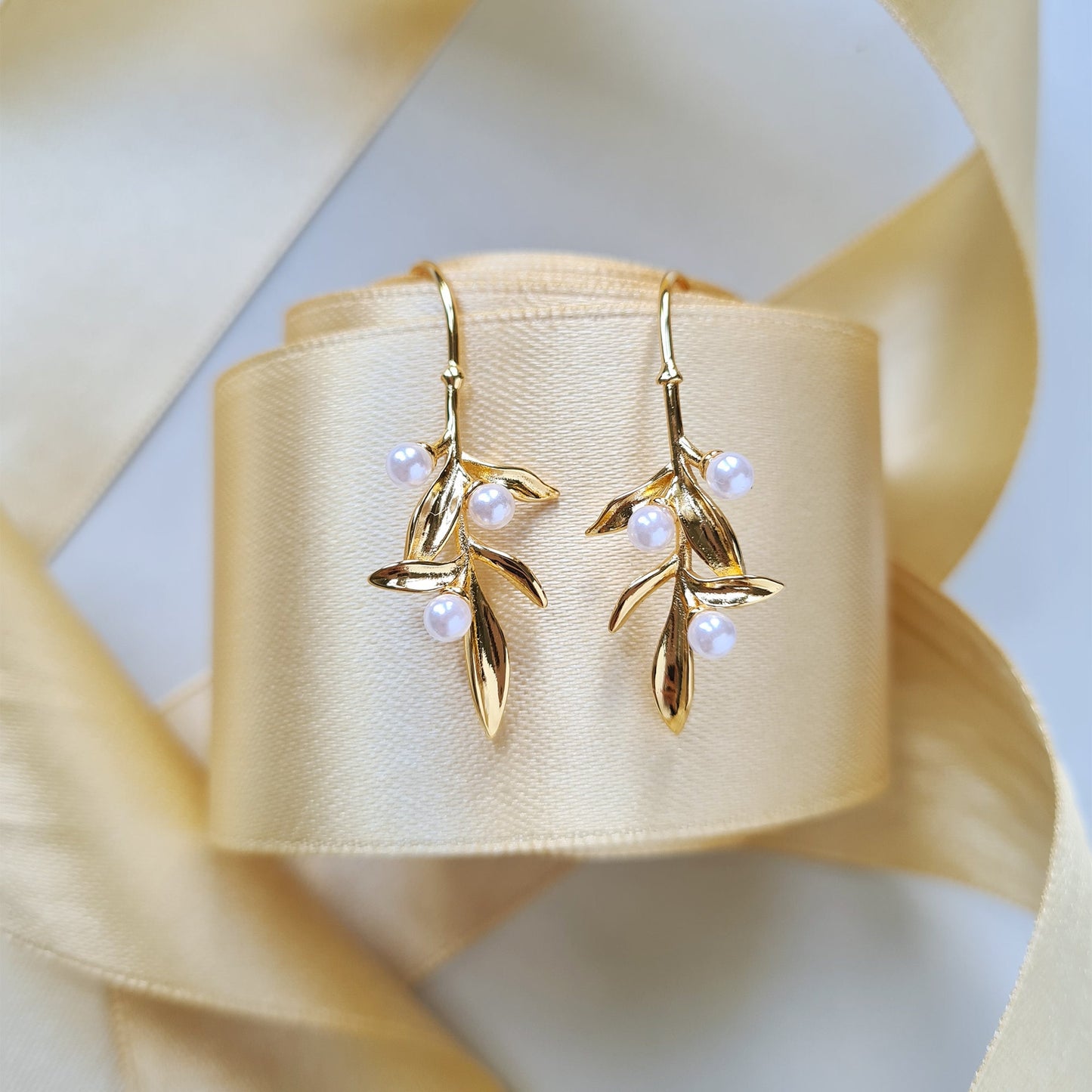 Golden Bamboo Leaves and Faux Pearl Long Stem Artistic Drop Earrings