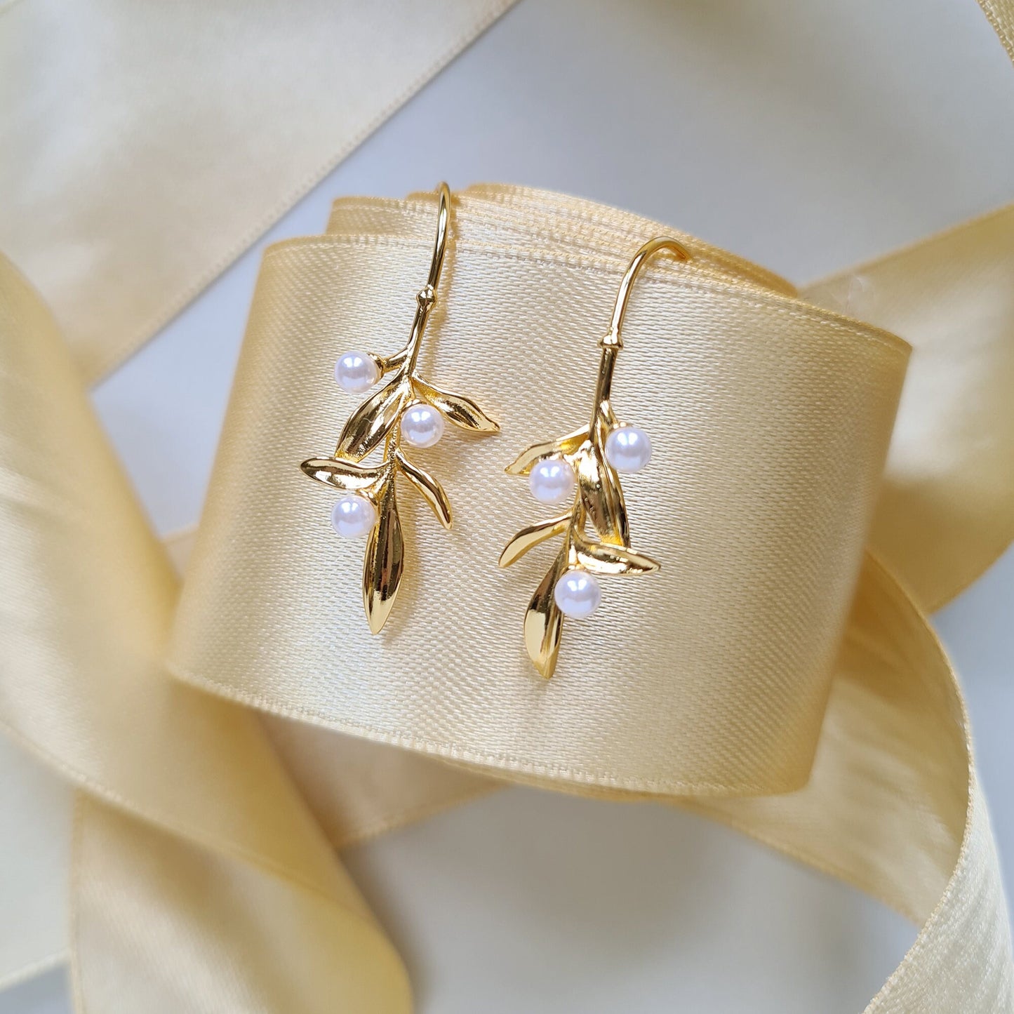 Golden Bamboo Leaves and Faux Pearl Long Stem Artistic Drop Earrings