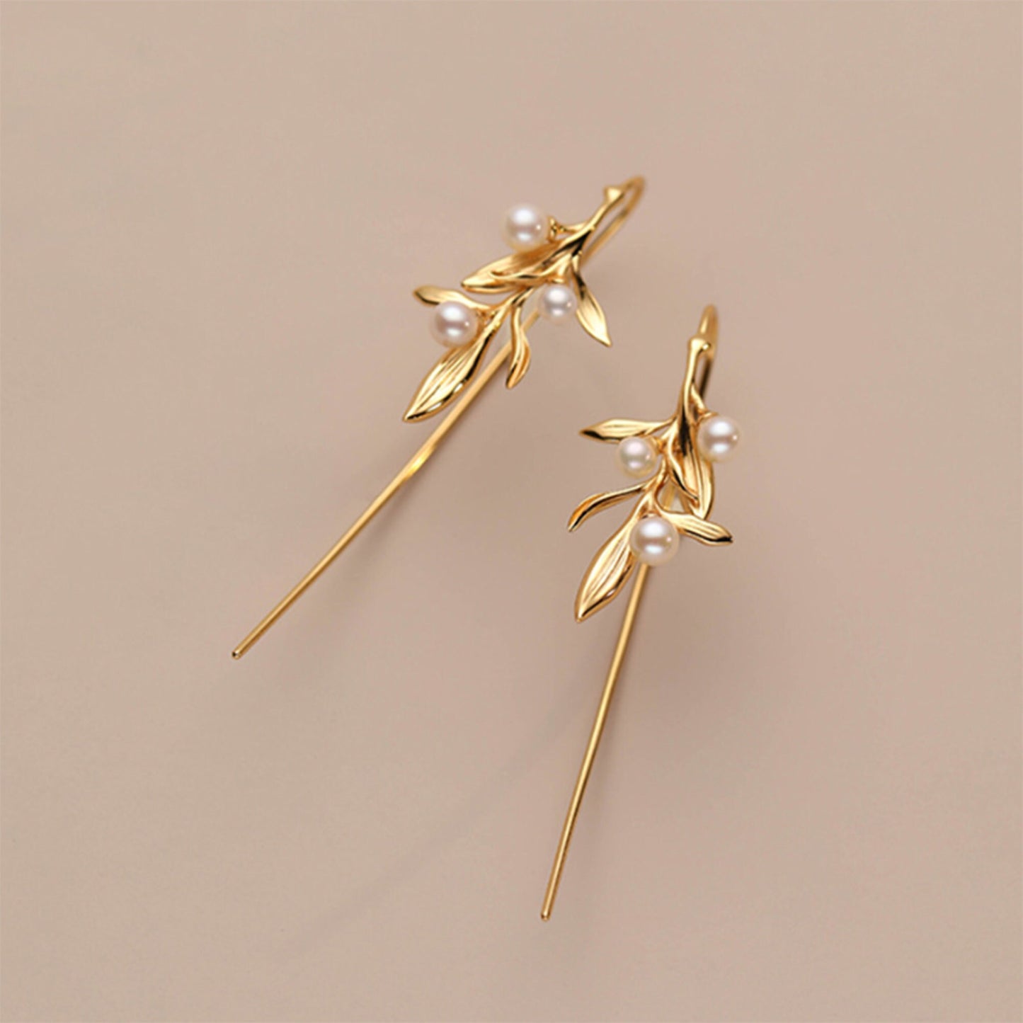 Golden Bamboo Leaves and Faux Pearl Long Stem Artistic Drop Earrings