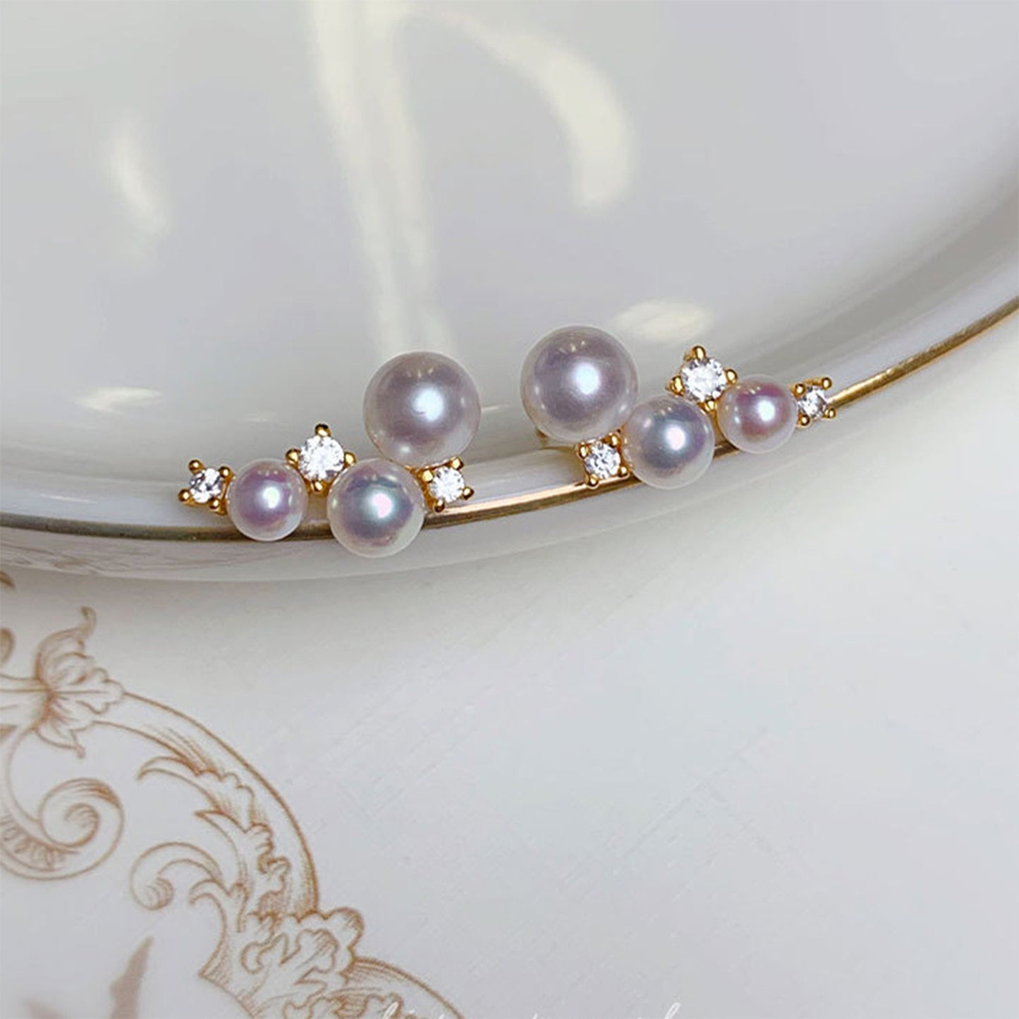 Delicate Gold Plated Curved Arch Pearls and Diamante Cluster Silver Stud Earrings